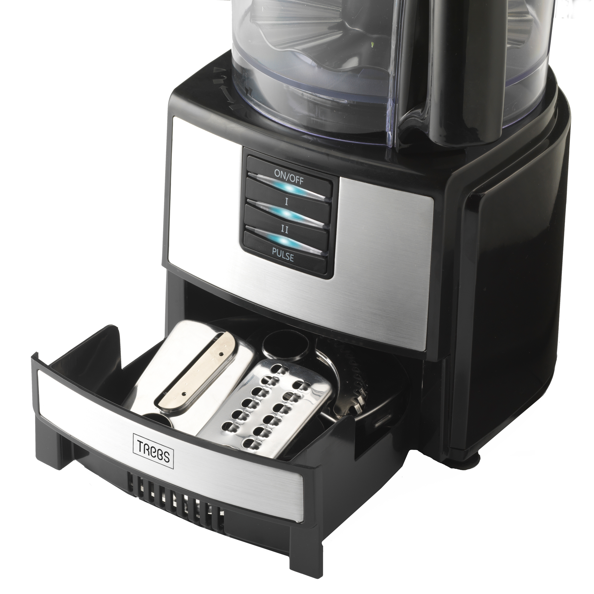 Robot da cucina con cassetto contenente lame e grattugia, con design nero e argento, su sfondo bianco.