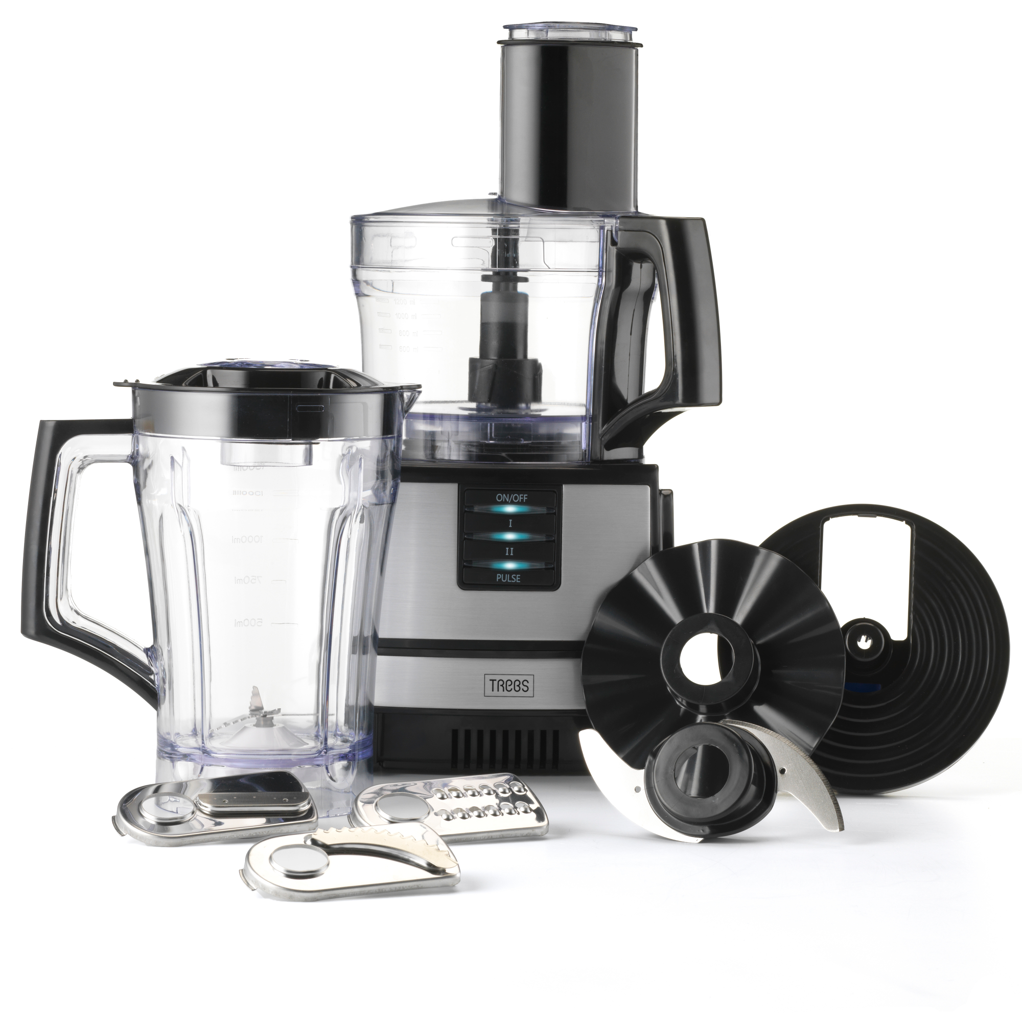 Robot da cucina con varie parti: lame, caraffa del frullatore e accessori aggiuntivi.