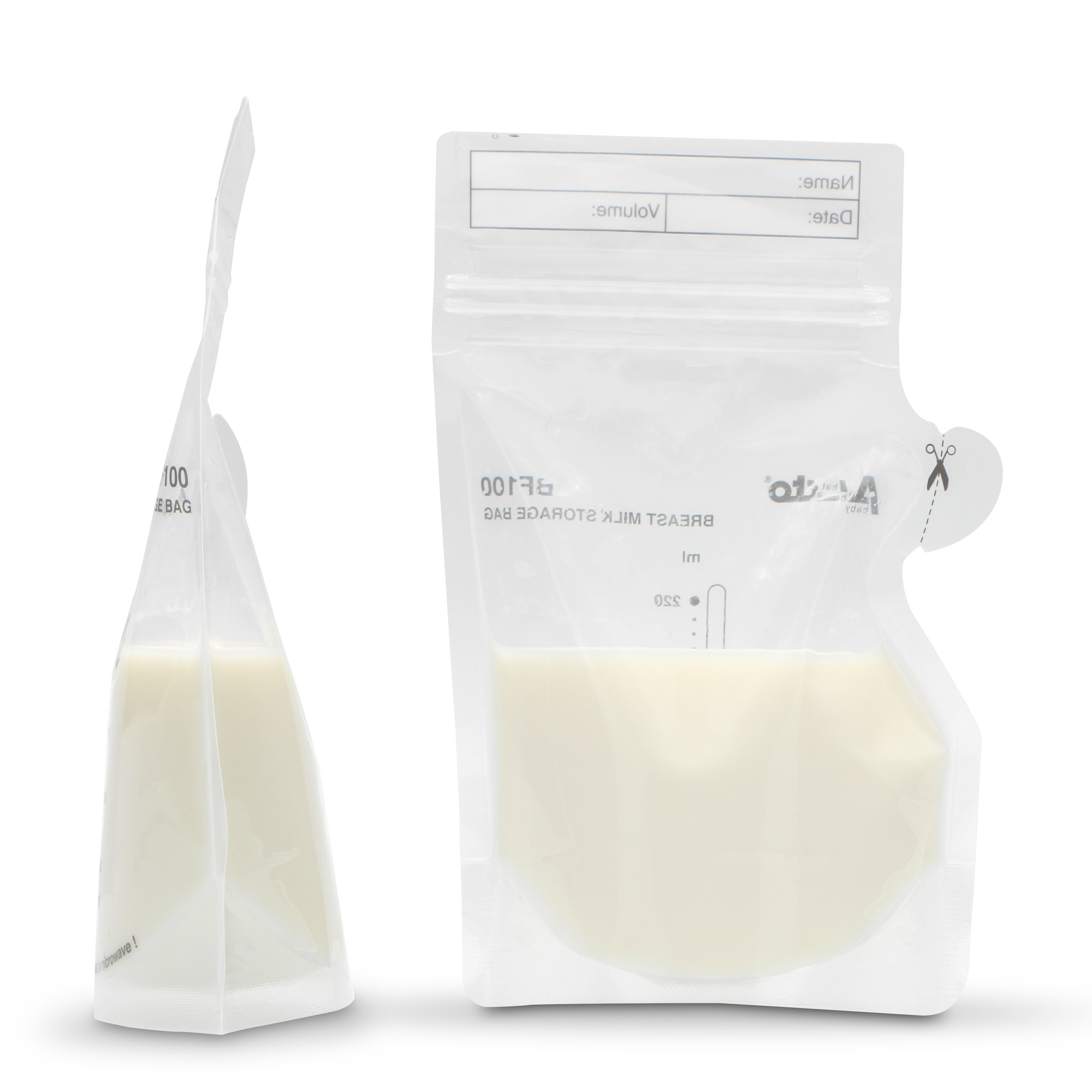 Two transparent breast milk storage bags filled with milk. One is upright and the other tilted.