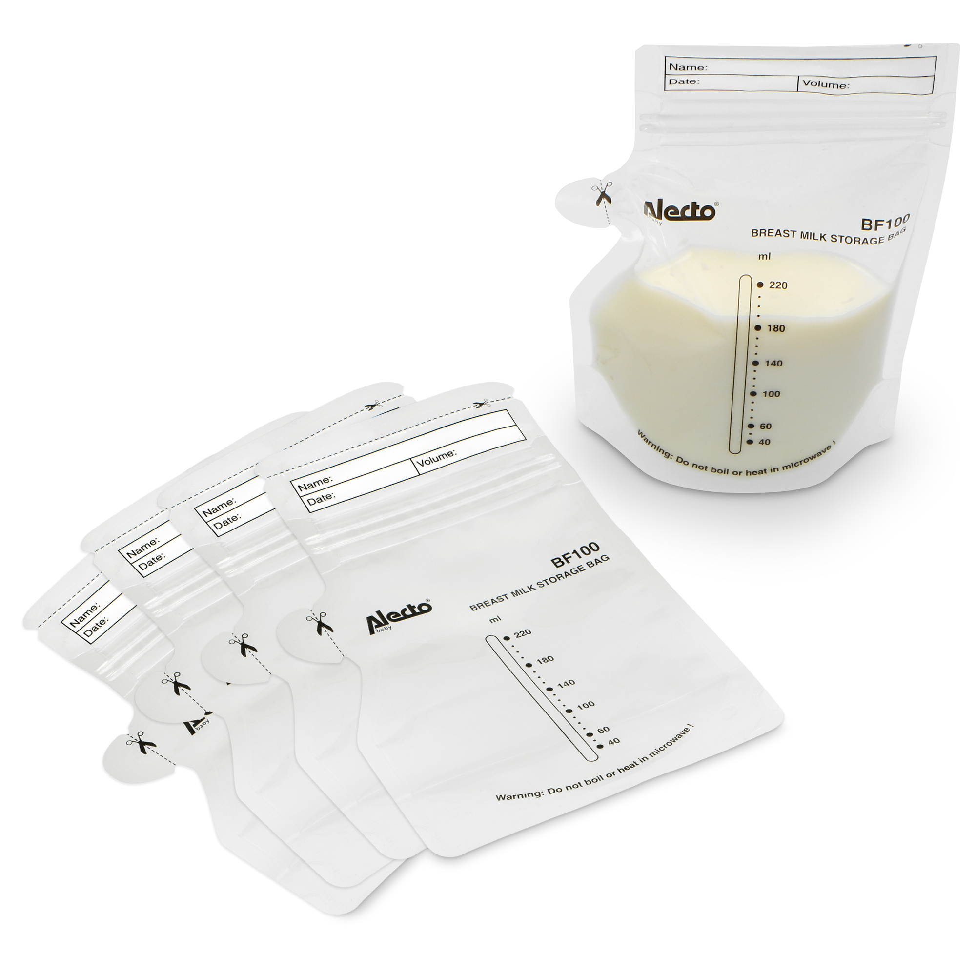 Breast milk storage bags, one filled, others empty. White bags with labels.