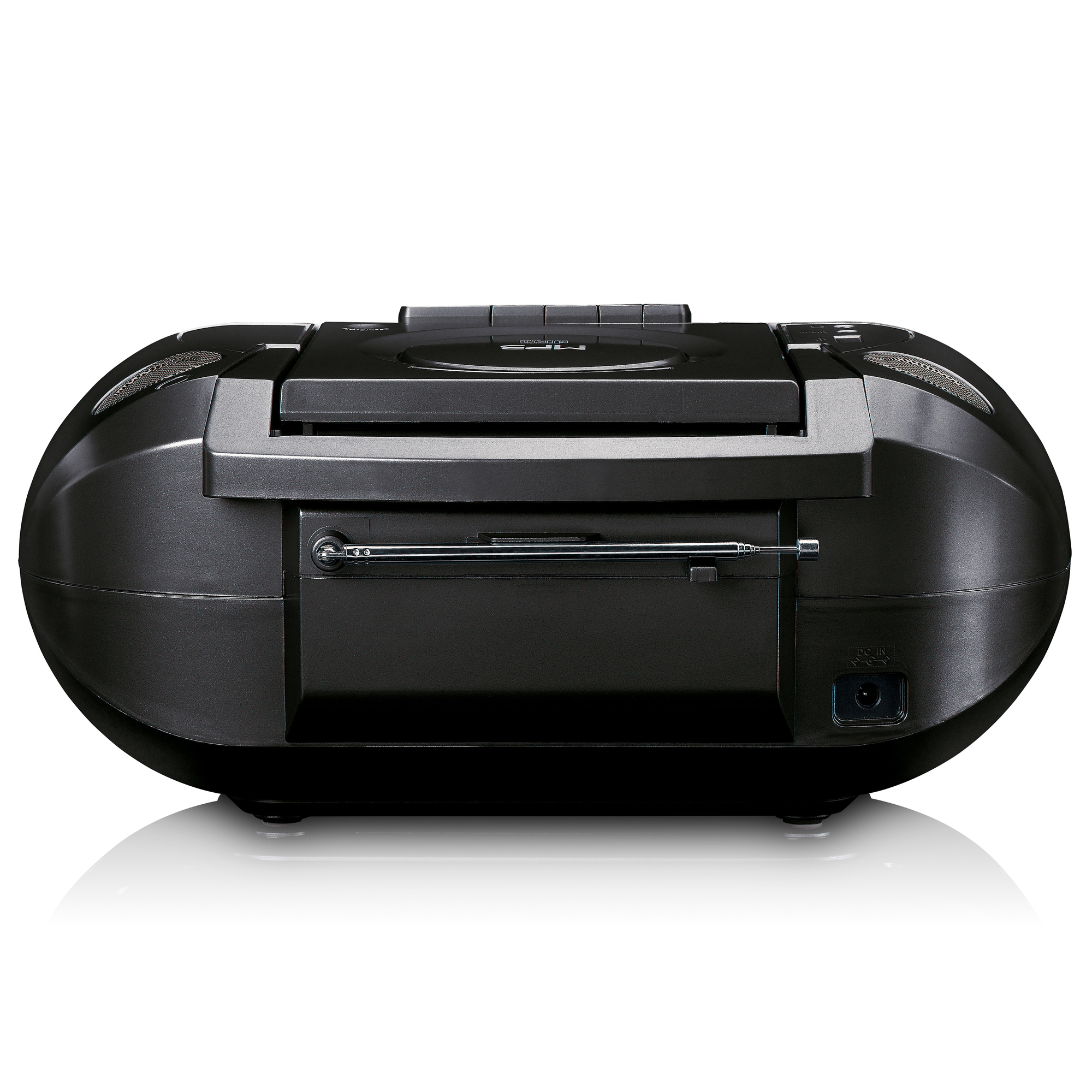 Schwarze Boombox mit CD-Player, Radioantenne und Lautsprechergrills.