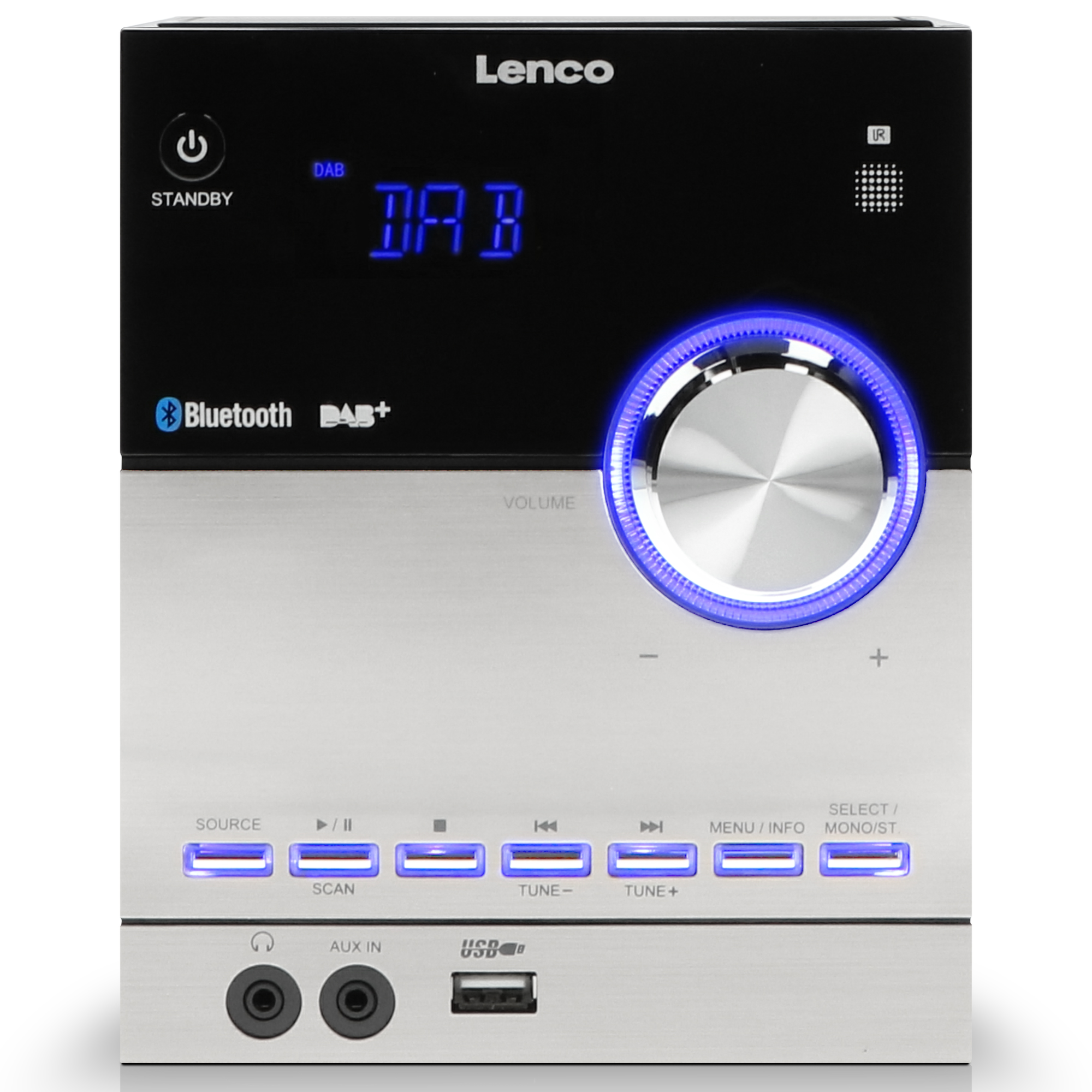 Silbernes Lenco-Stereosystem mit schwarzem Oberteil. Es hat einen blau beleuchteten Lautstärkeregler und Tasten.