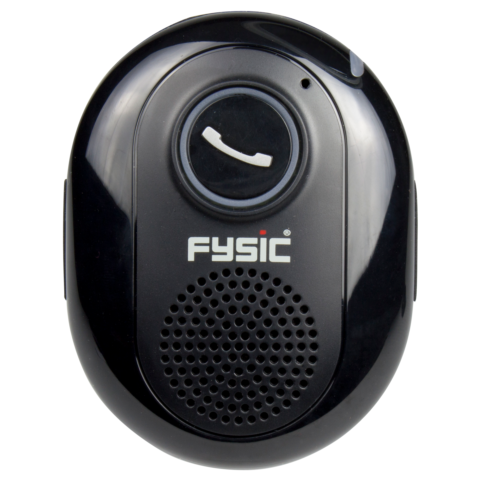Haut-parleur noir. Face avant avec haut-parleur et bouton icône téléphone. Marque FYSIC.