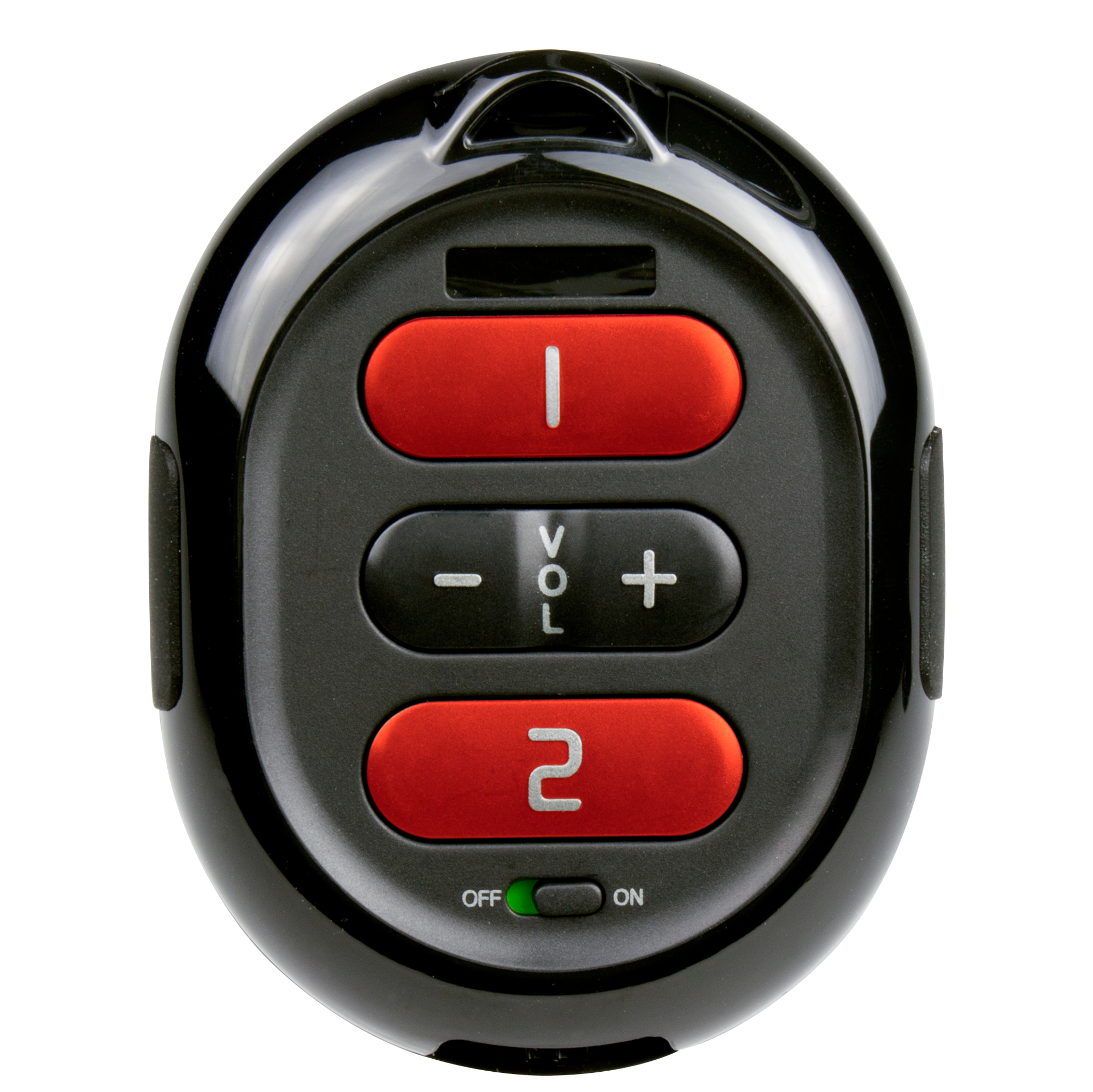 Télécommande noire avec boutons rouges et commandes de volume sur fond blanc.