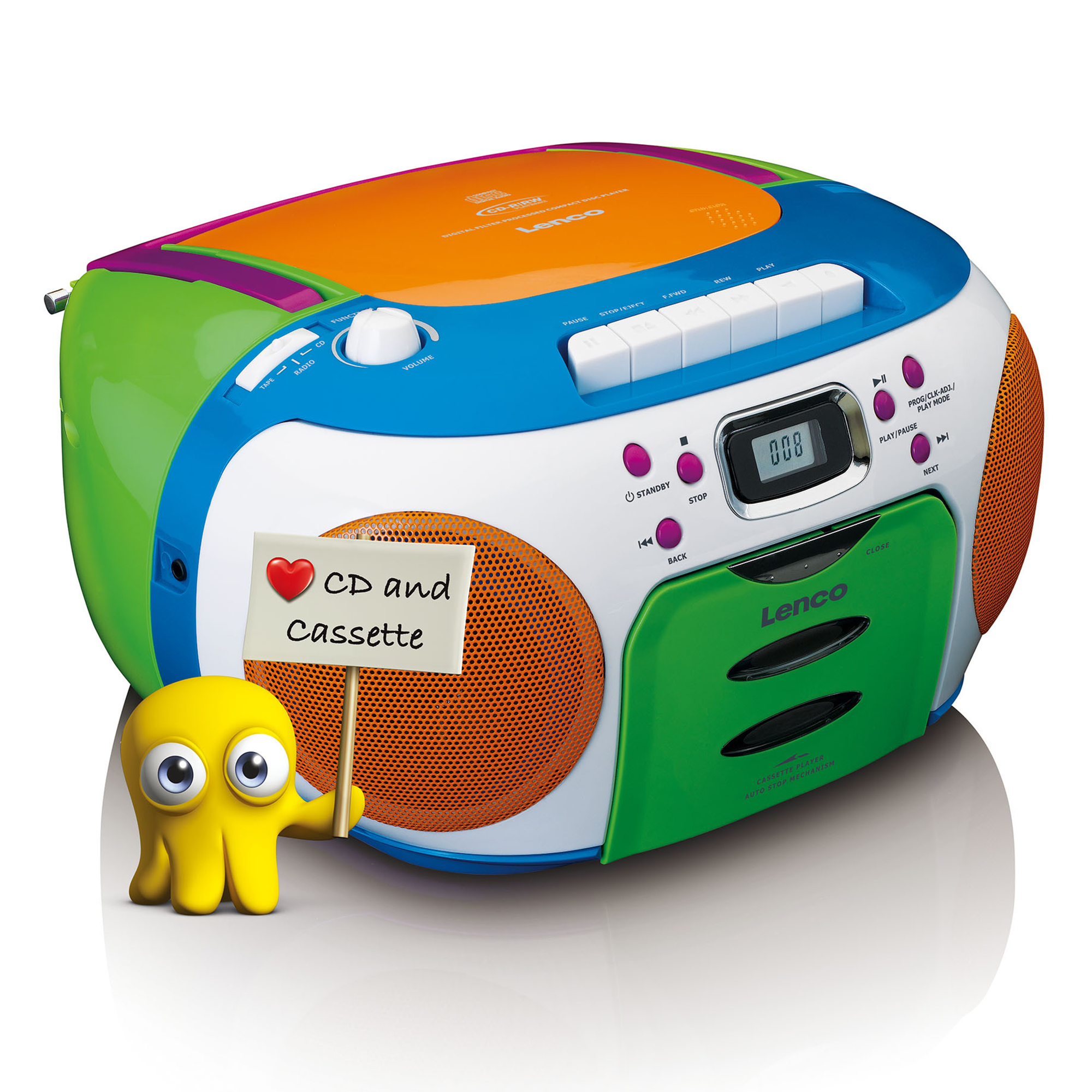 Un radiocasete colorido con un pulpo lindo que sostiene un letrero que dice "CD y cassette".