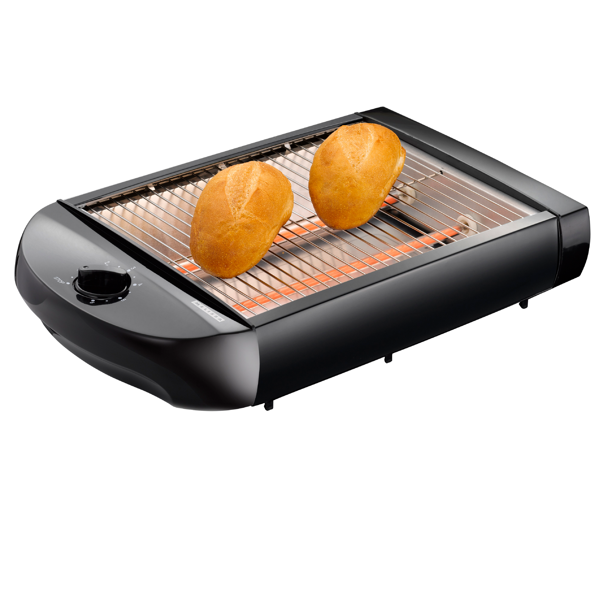 Schwarzer Toaster mit zwei Brötchen, die getoastet werden sollen.