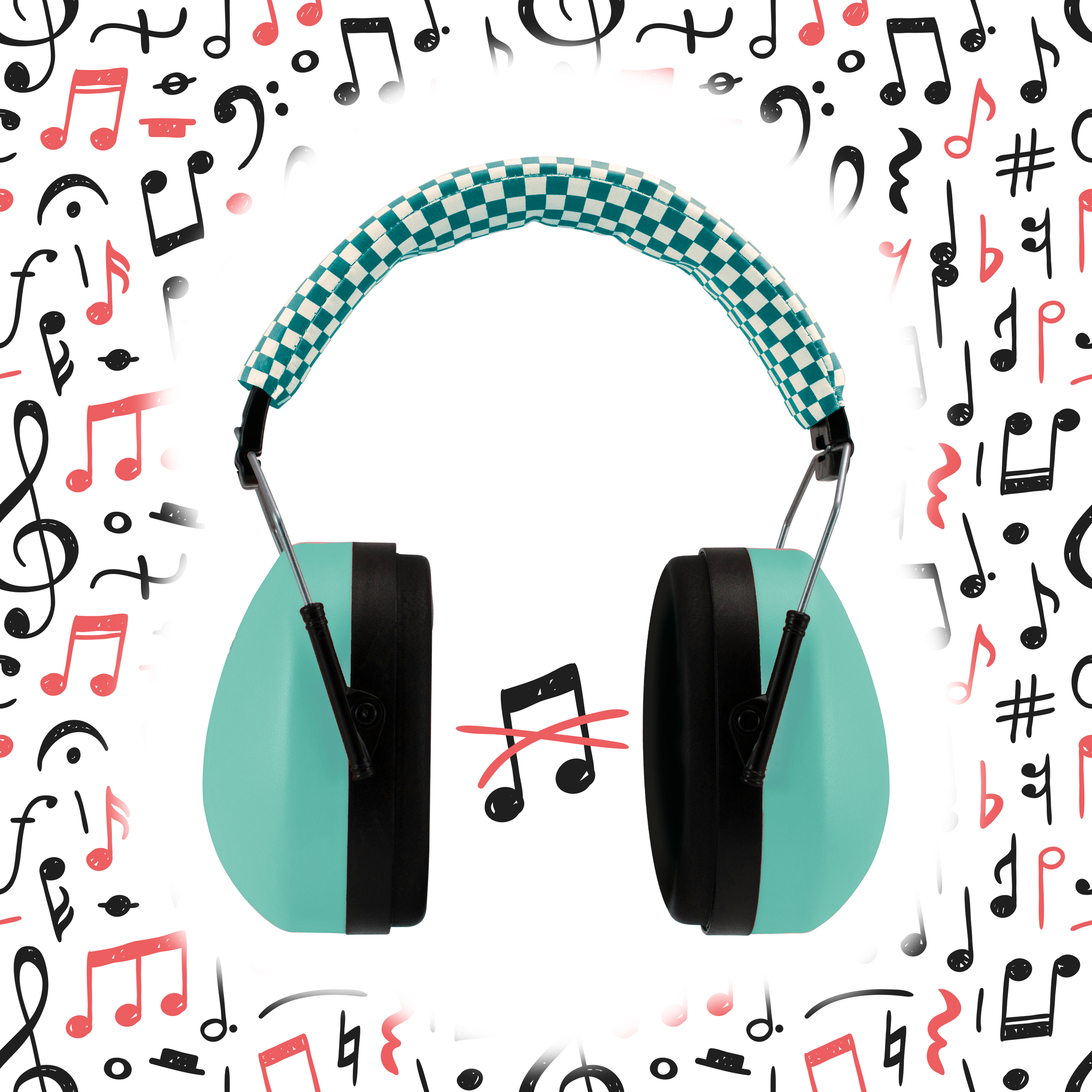 Słuchawki ochronne na uszy, turkusowo-biały pasek w kratę, z nutami w tle. Symbol muzyczny przekreślony.