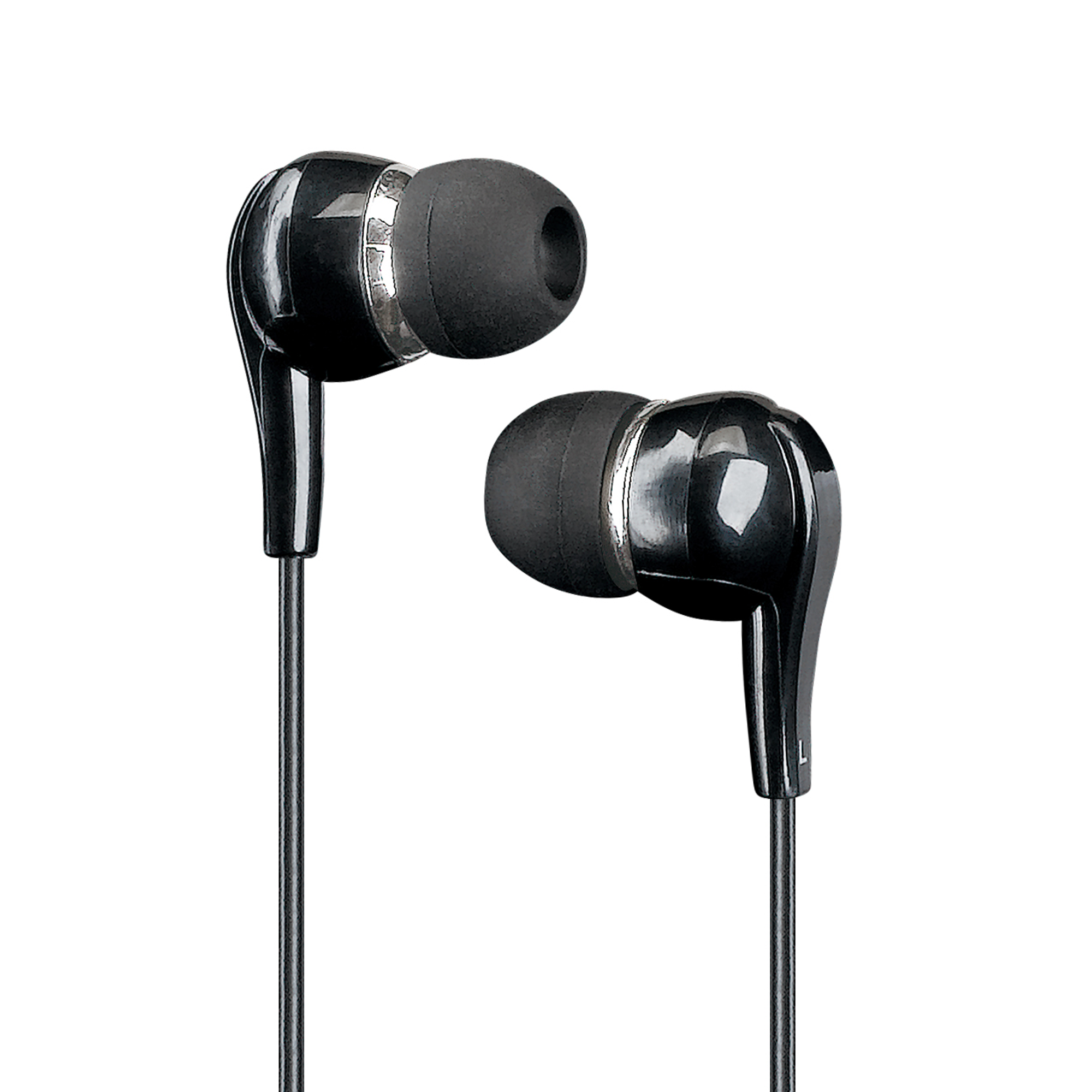 Czarne słuchawki douszne z silikonowymi końcówkami. Białe tło. Widok z bliska.