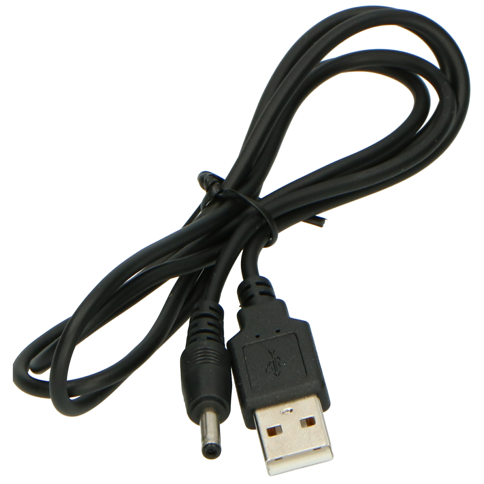 Czarny kabel zasilający USB do DC na białym tle.