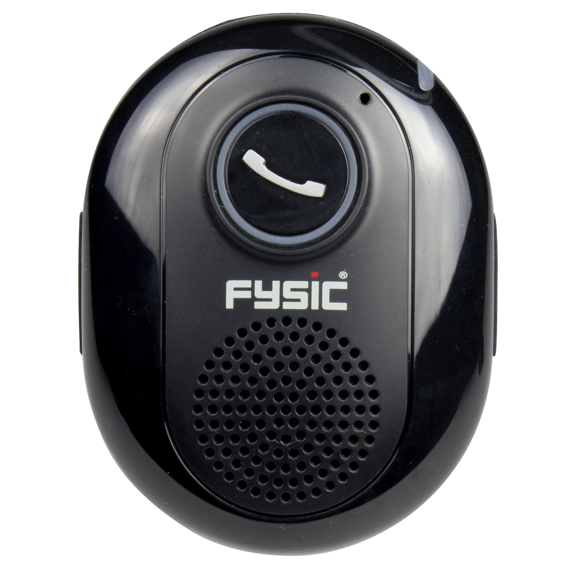 Black speakerphone with a phone button and the word 'FYSIC'. It has a speaker at the bottom.