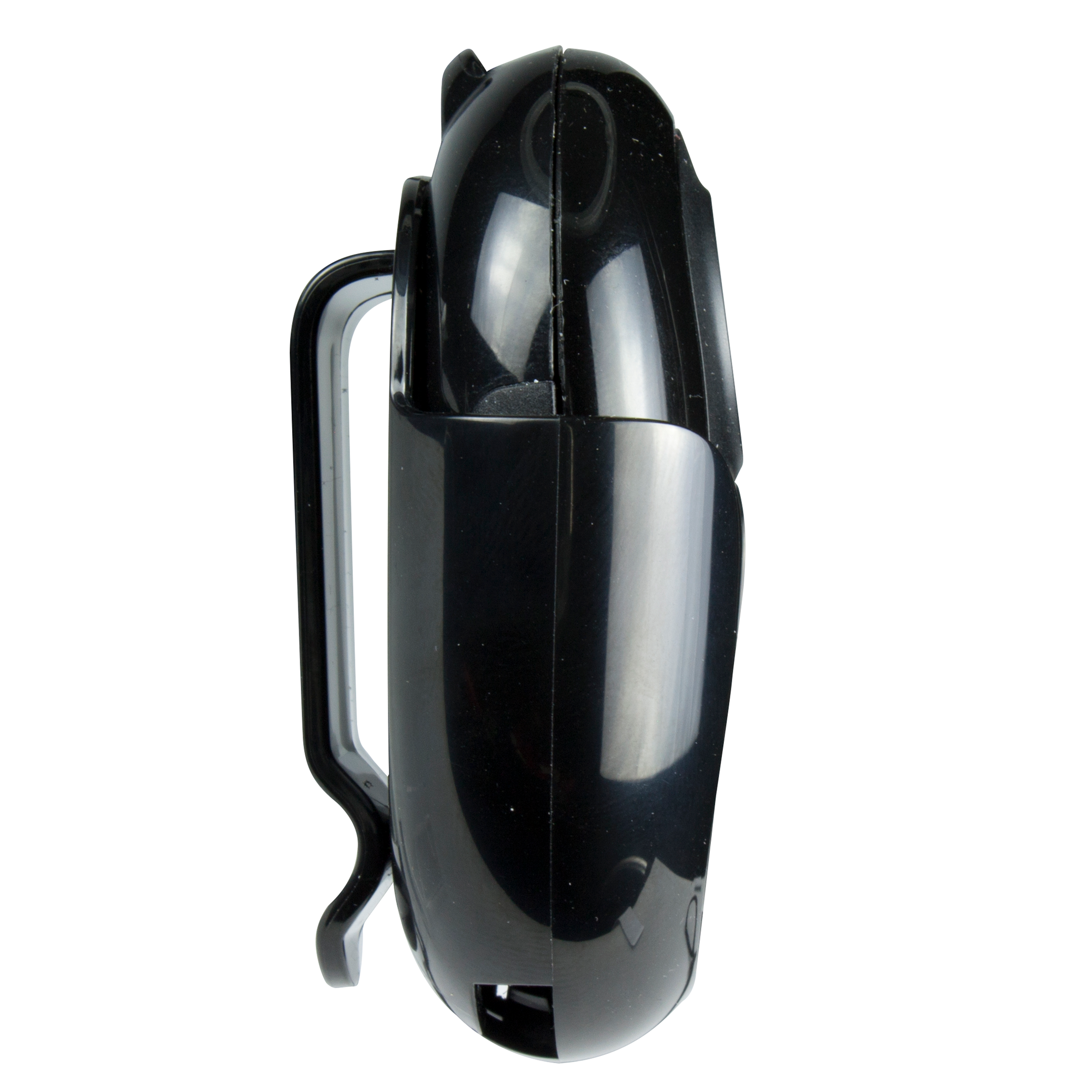 Black clip-on sunglasses holder, side view, on a white background. Has a curved shape.