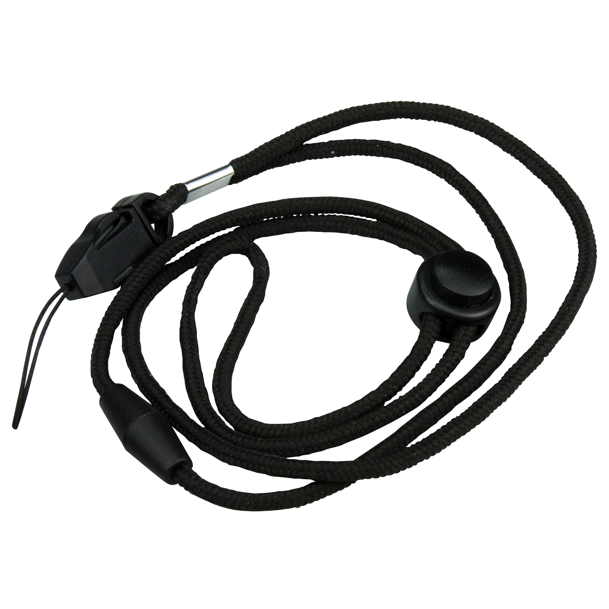 Black lanyard with a black plastic safety clasp, adjustable button, and string.