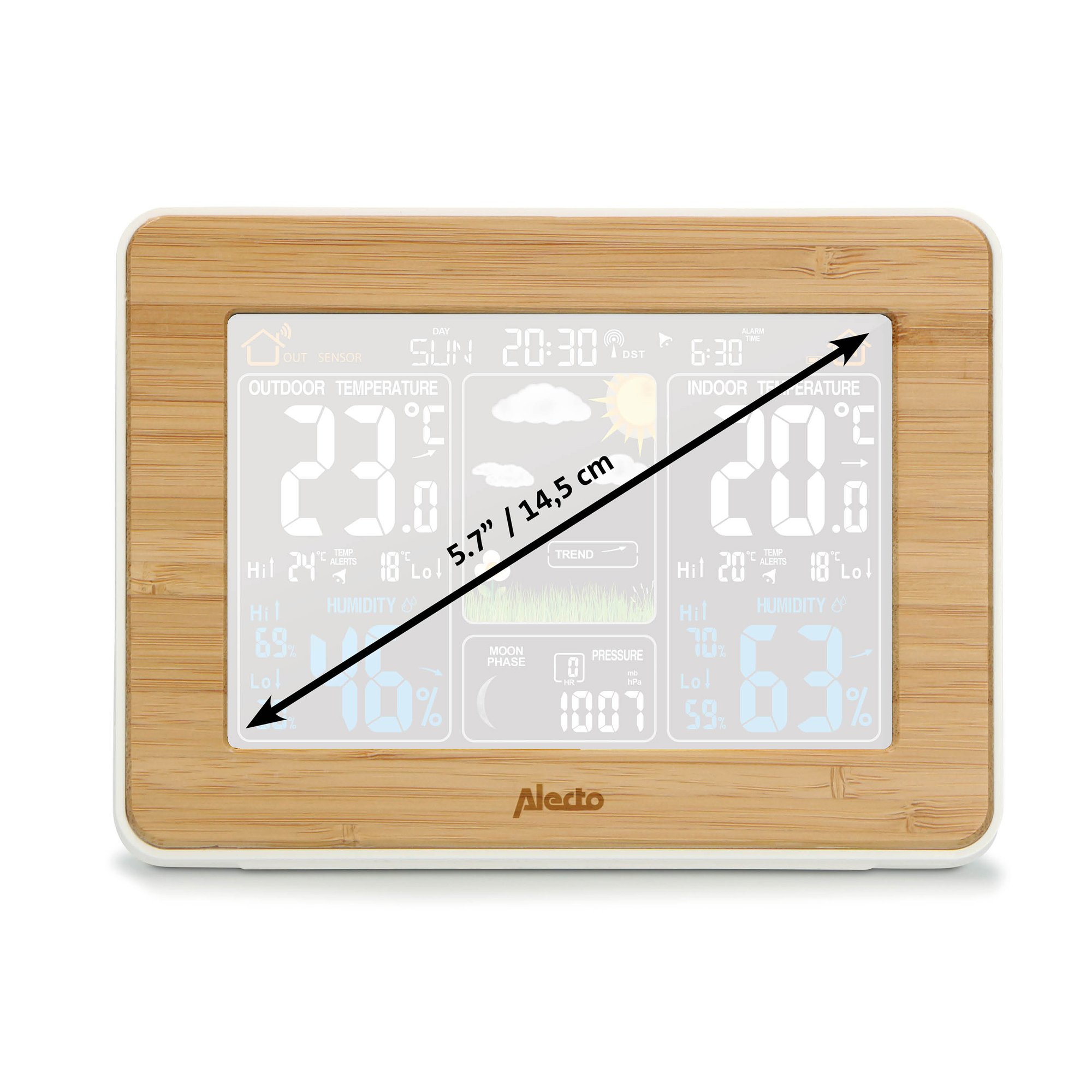 Digitale Wetterstation mit Messungen. Anzeige zeigt Außen- und Innentemperatur und Luftfeuchtigkeit.