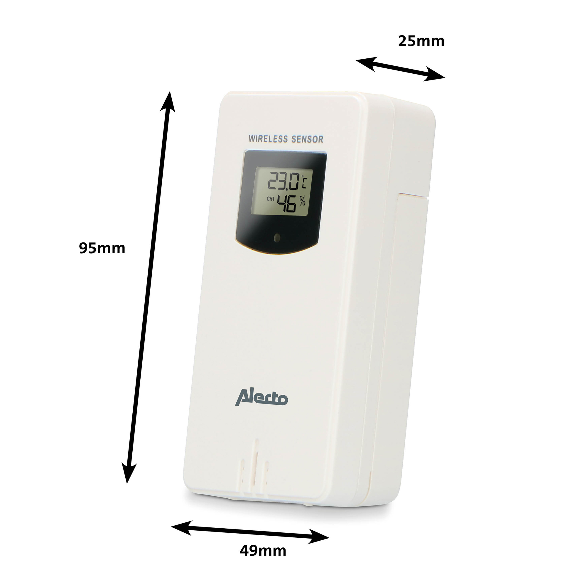 Weißer Funksensor mit Anzeige von Temperatur und Luftfeuchtigkeit. Weißer Hintergrund.