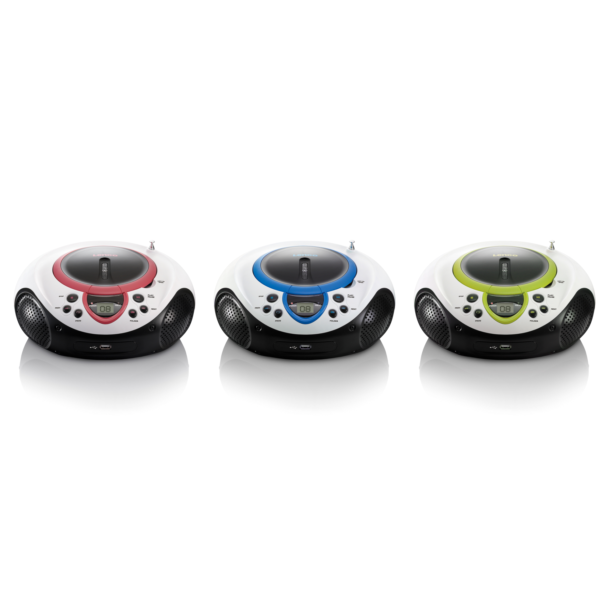 Trois radios. Corps blancs avec des accents rouges, bleus et verts. Fond blanc.