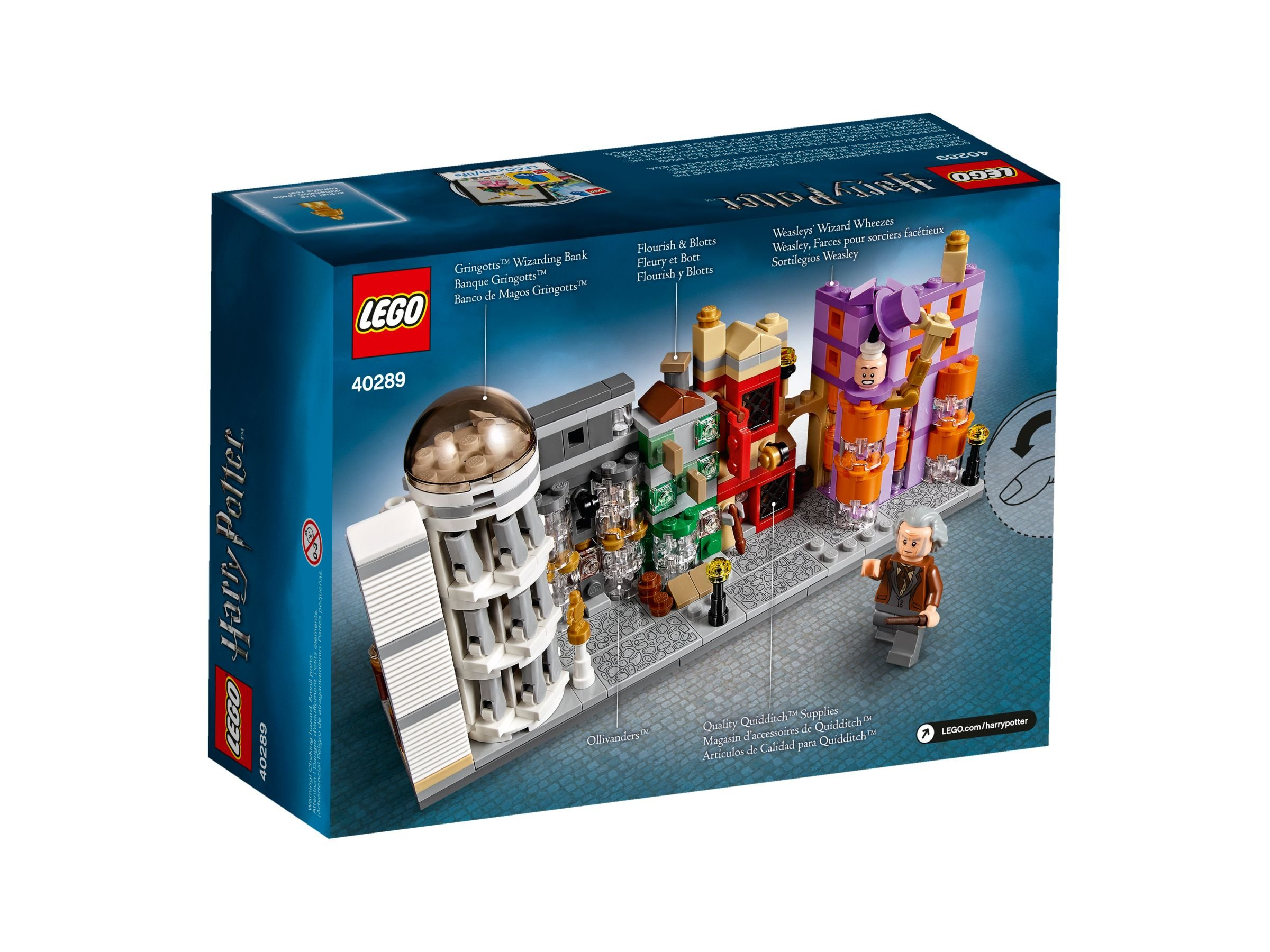 Lego box with Harry Potter theme. Shows a street scene with buildings, minifigures, and the box's content.