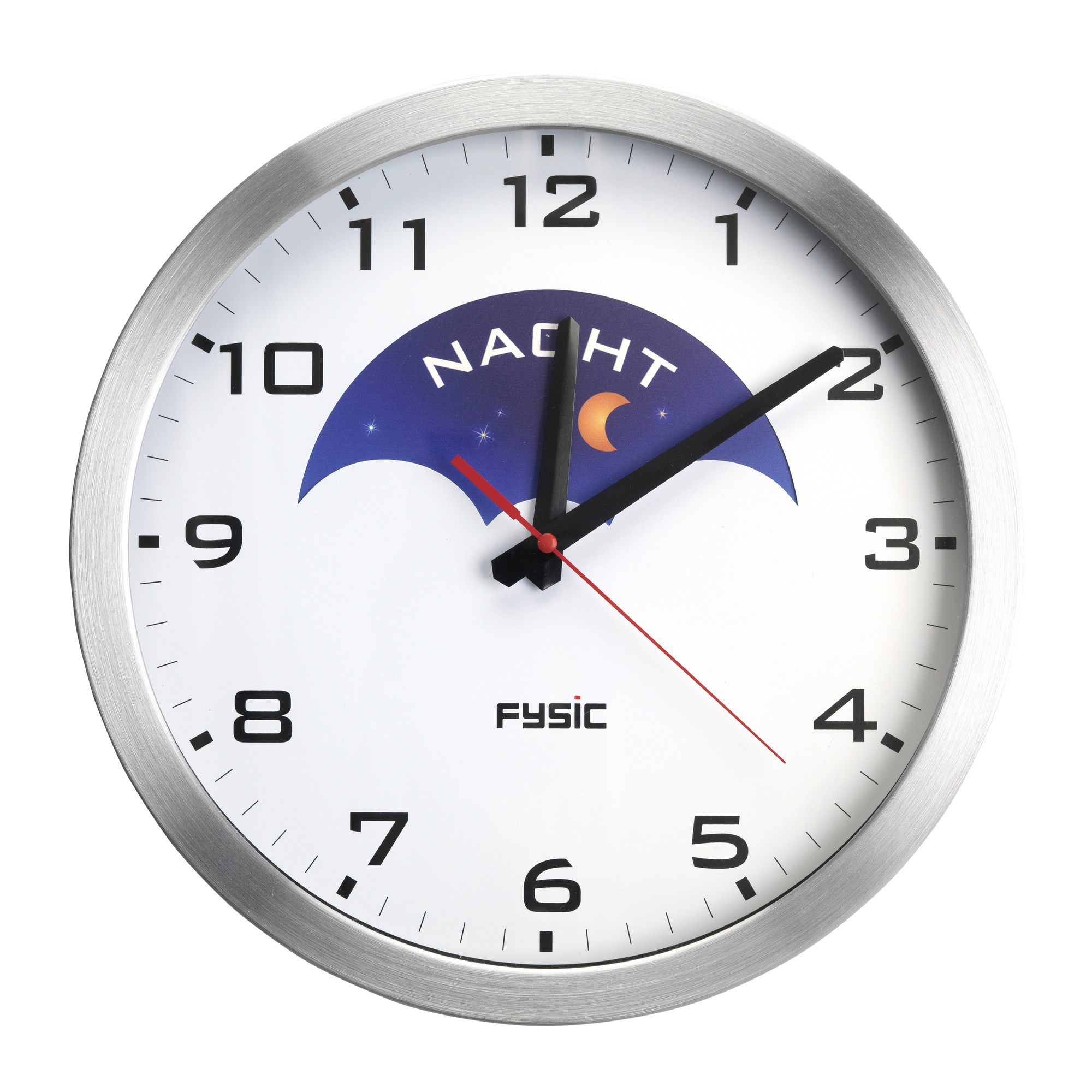 Eine runde Uhr mit weißem Zifferblatt, schwarzen Zeigern und silbernem Rahmen. Das Wort NACHT ist sichtbar.