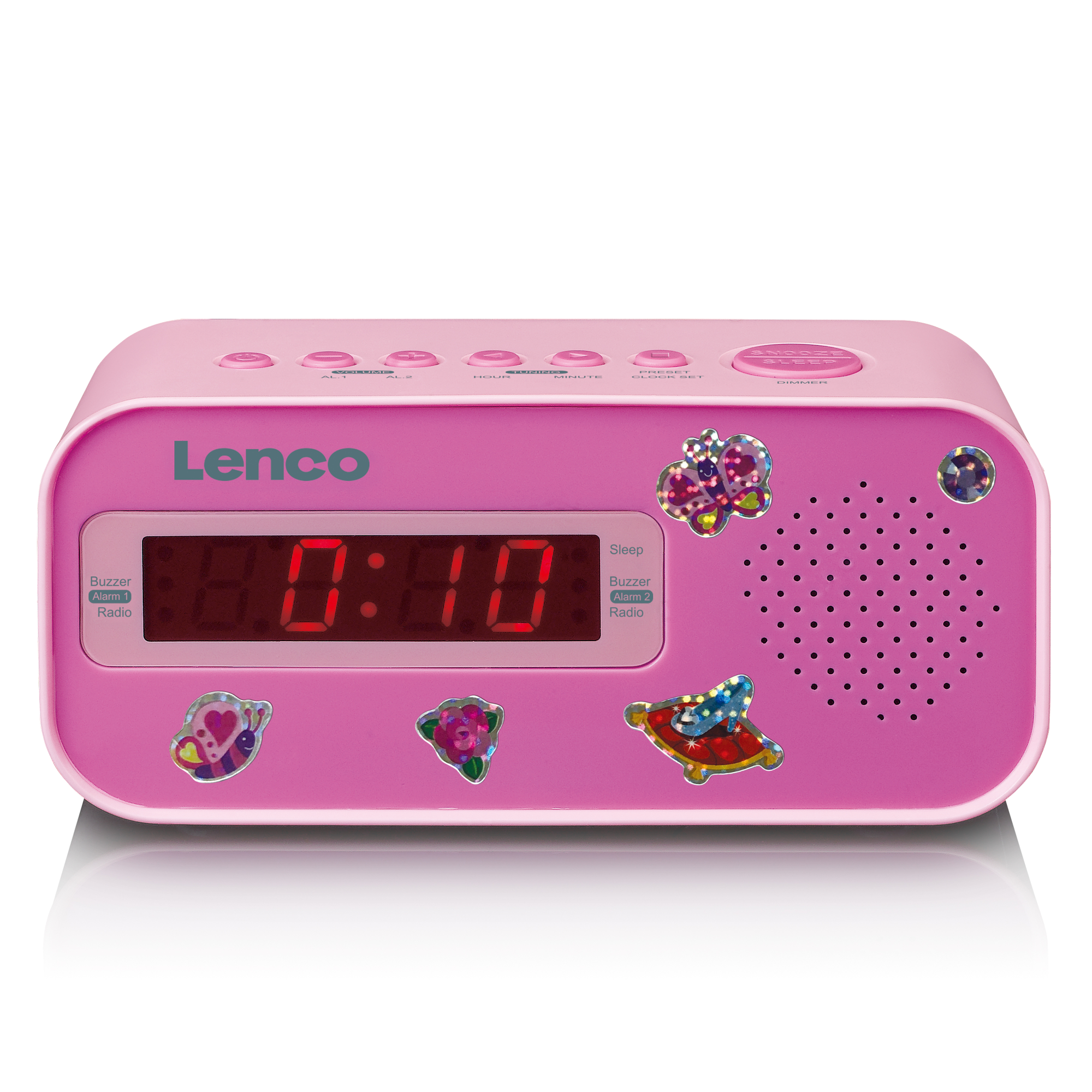 Ein pinkfarbener Lenco-Wecker mit Aufklebern und Digitalanzeige auf weißem Hintergrund.