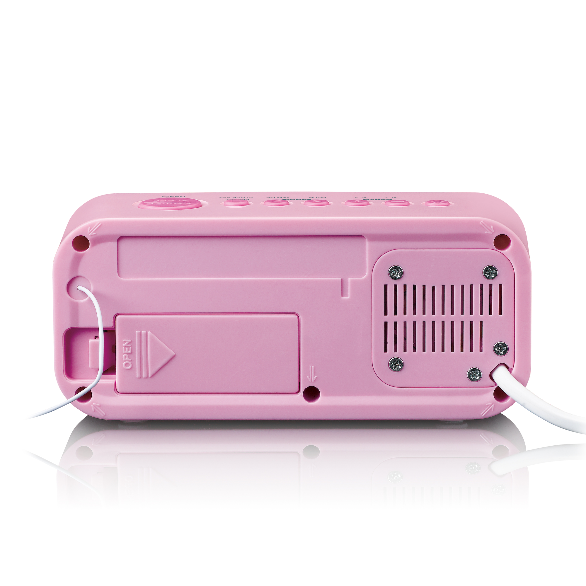 Die Rückseite eines rosa Weckers. Er hat ein Fach und ein weißes Netzkabel.