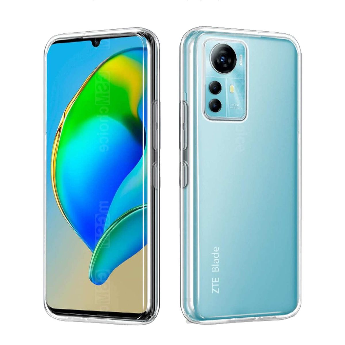 Zwei Seiten eines blauen Telefons in einer transparenten Hülle. Weißer Hintergrund.