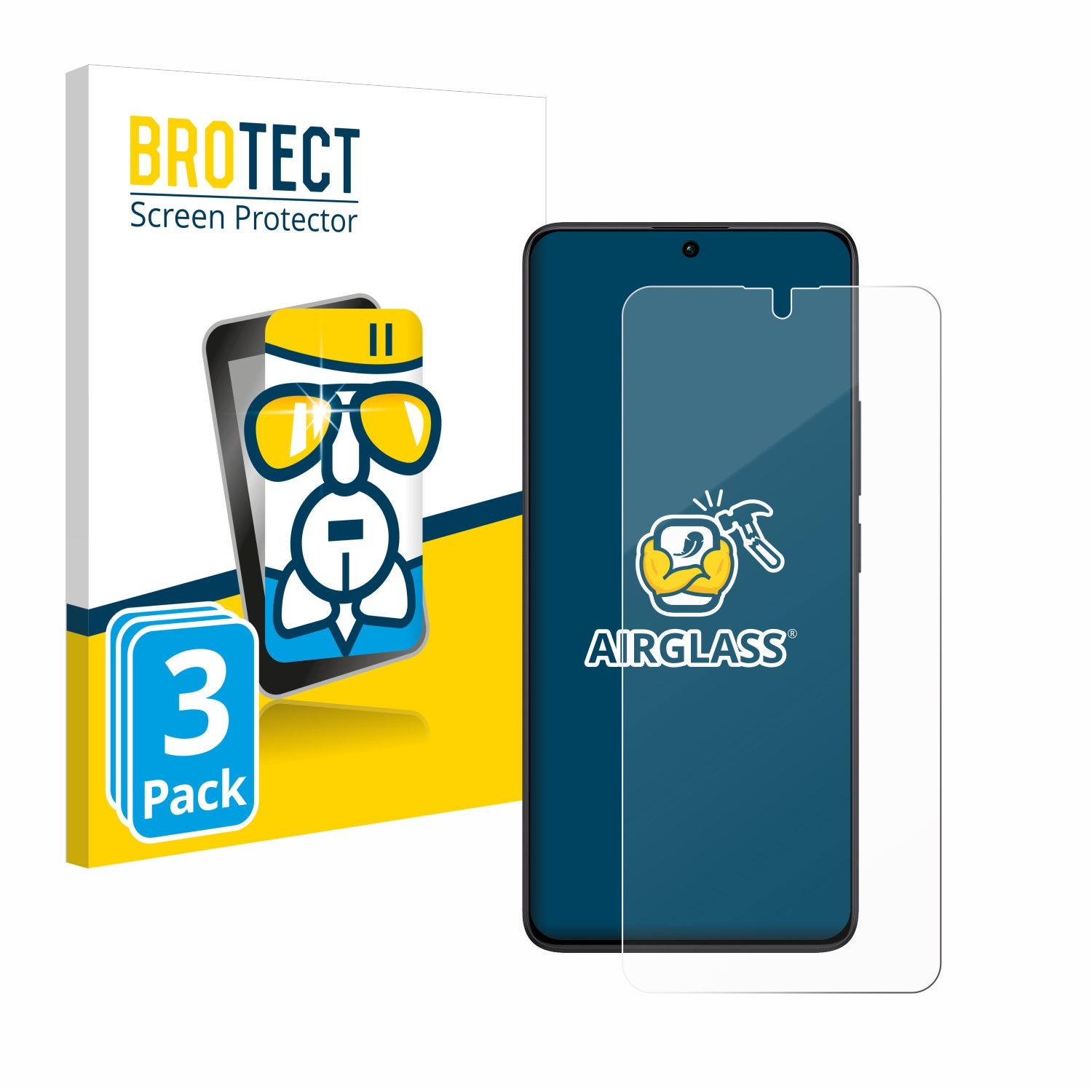Telefon mit Displayschutzfolie und Box. Die Displayschutzfolie ist klar. Auf der Box steht BROTECT Screen Protector.