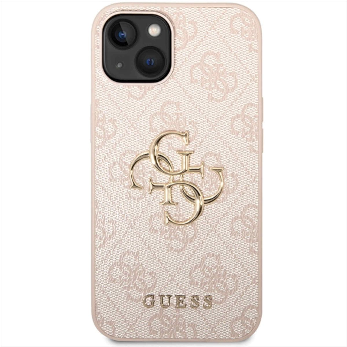 Hellrosa Guess-Handyhülle mit goldenem Logo und dekorativem Muster.