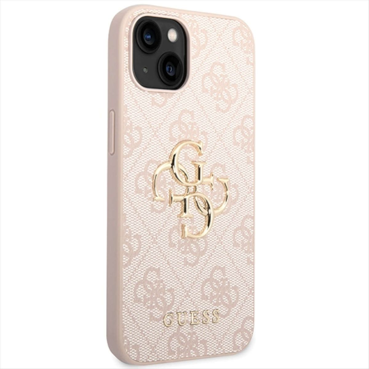 Hellrosa Guess-Handyhülle mit goldfarbenem Guess-Logo. Auf weißem Hintergrund.