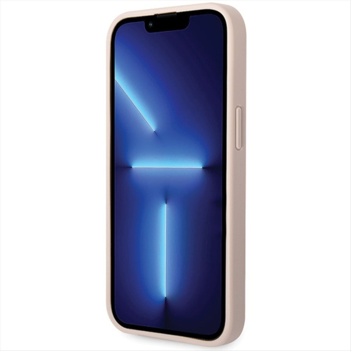 Smartphone in hellbeigem Gehäuse. Der Bildschirm zeigt einen blau-weißen Farbverlauf. Weißer Hintergrund.