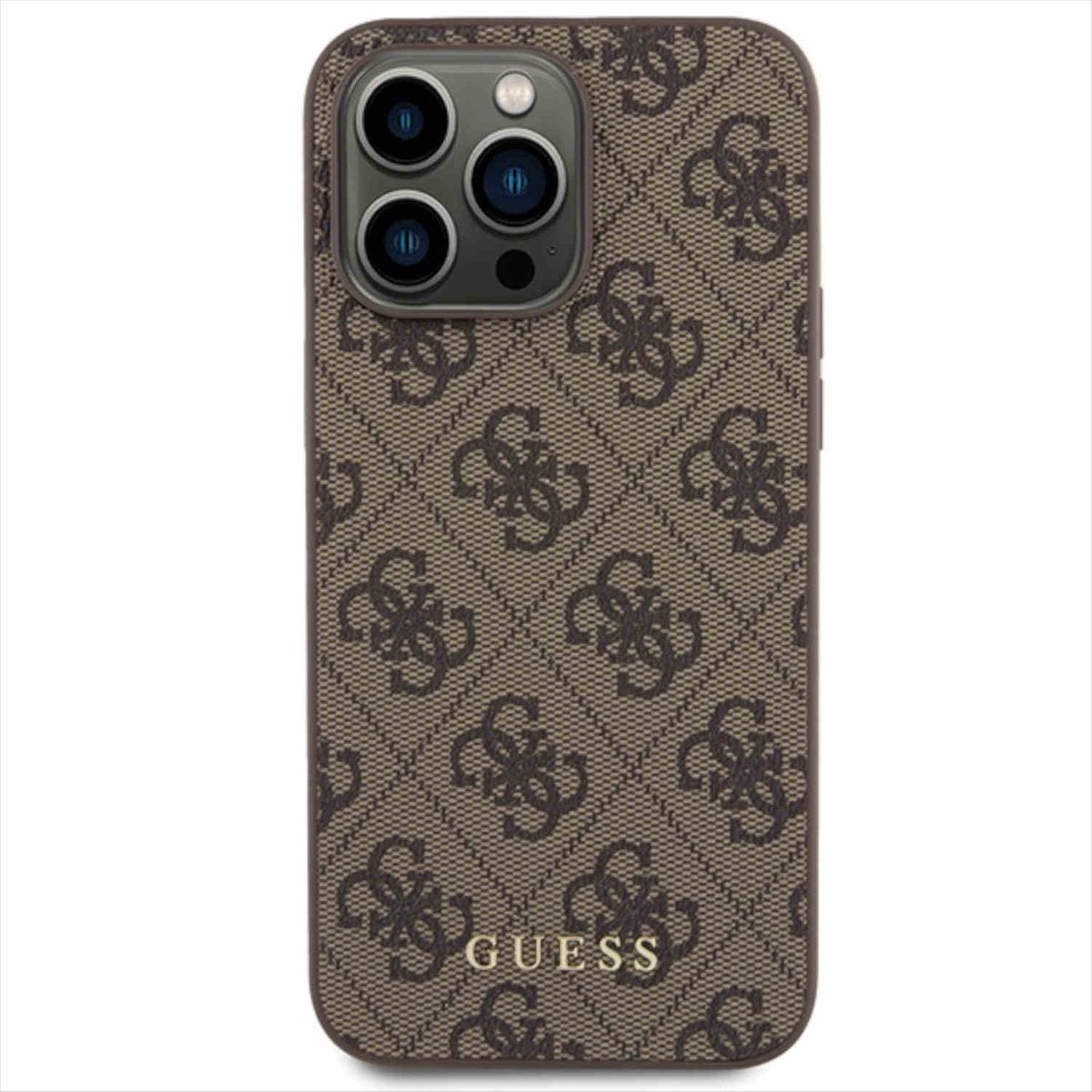 GUESS 4G Metal Gold Logo Max, Hülle, Tasche Backcover, 15 Apple, Braun Pro iPhone