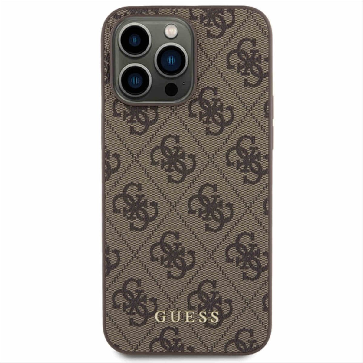 GUESS 4G Metal Gold Logo iPhone Apple, Hülle, 15 Backcover, Pro Tasche Max, Braun