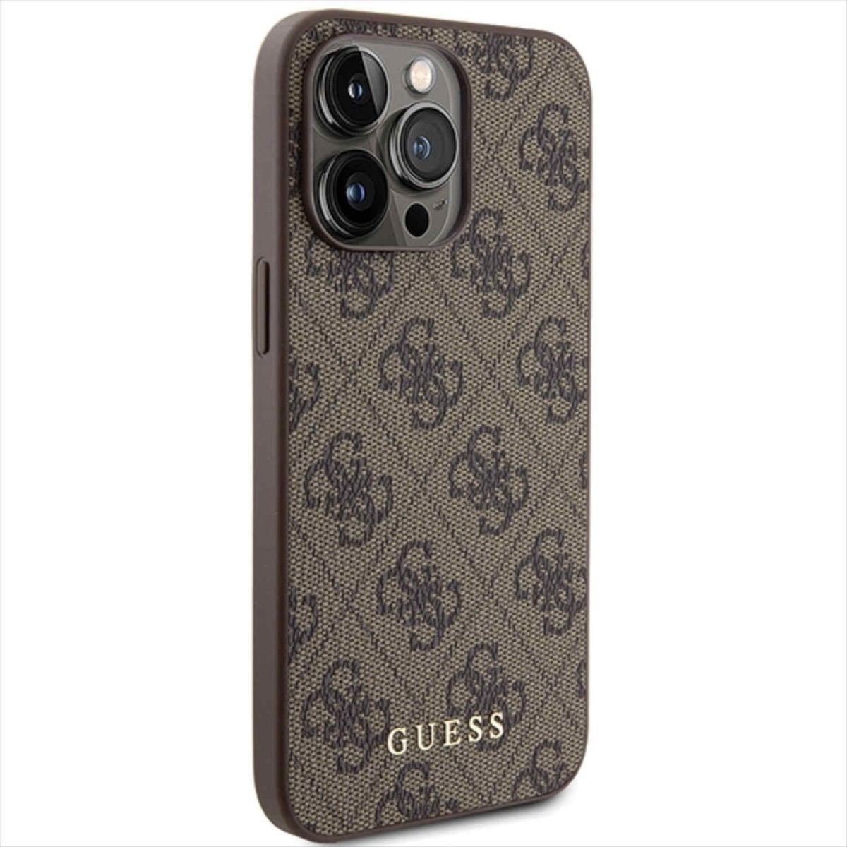 Gold Tasche Metal iPhone 4G Backcover, 15 Max, Braun Pro Apple, Hülle, GUESS Logo