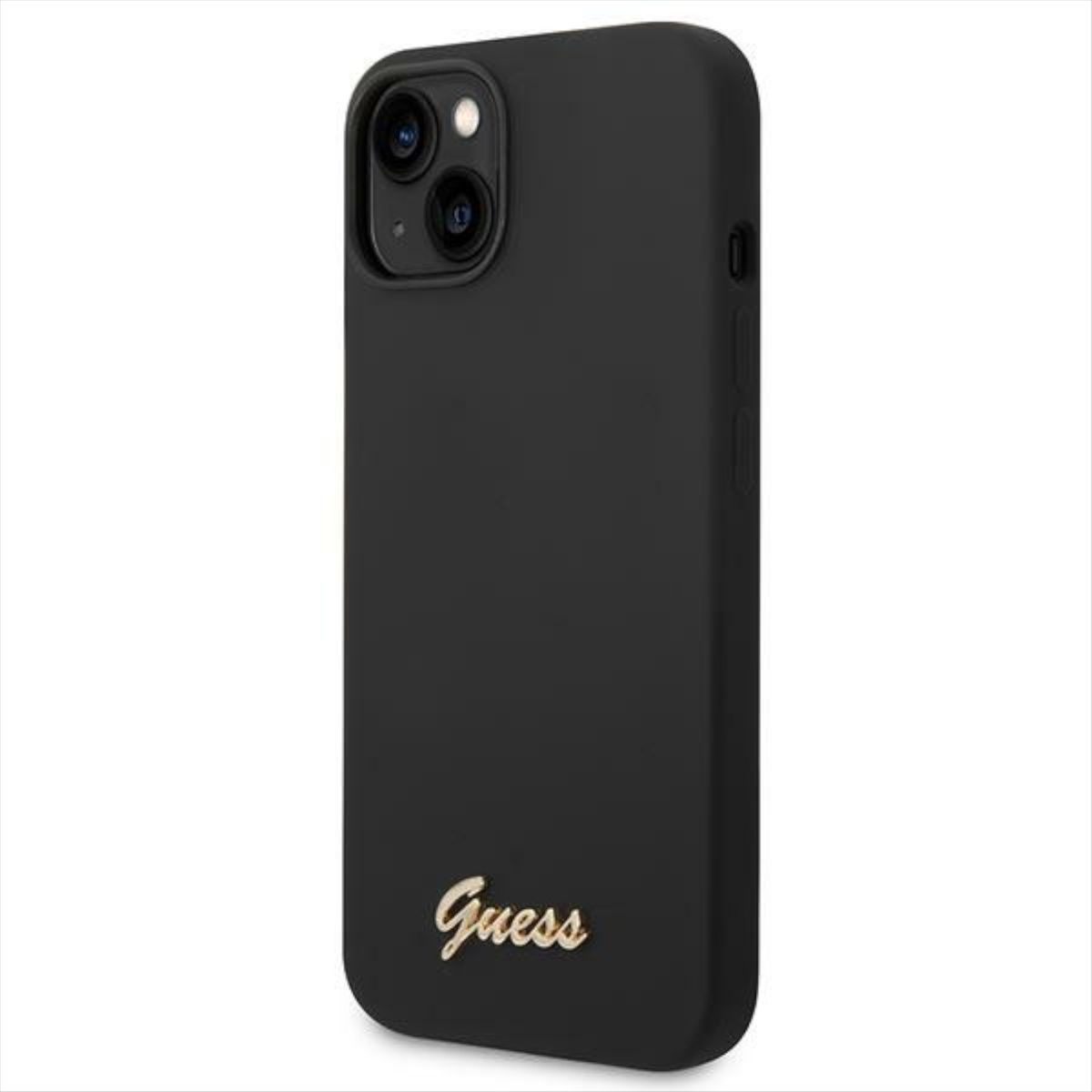 Custodia per telefono nera con la scritta Guess in oro, su sfondo bianco.