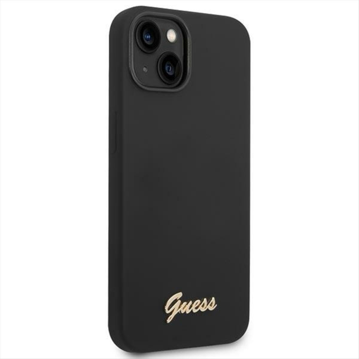 Custodia per telefono nera con logo 'Guess' dorato.