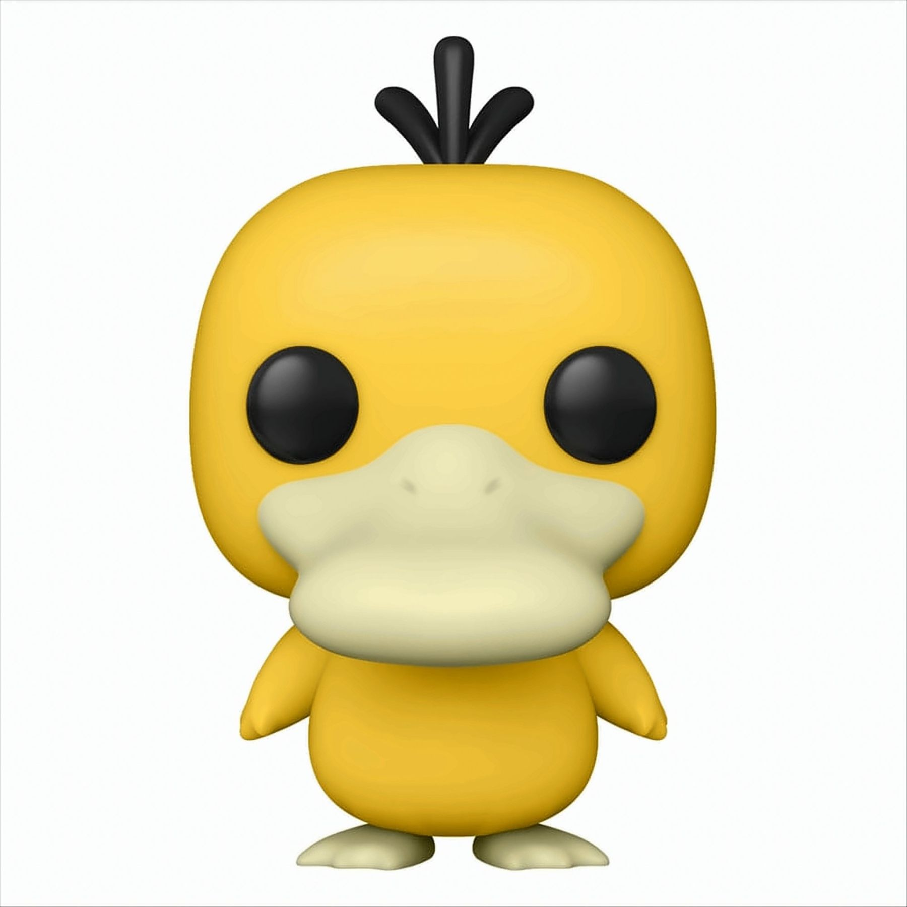 Eine gelbe Psyduck Funko Pop Figur mit schwarzen Augen und Haaren.