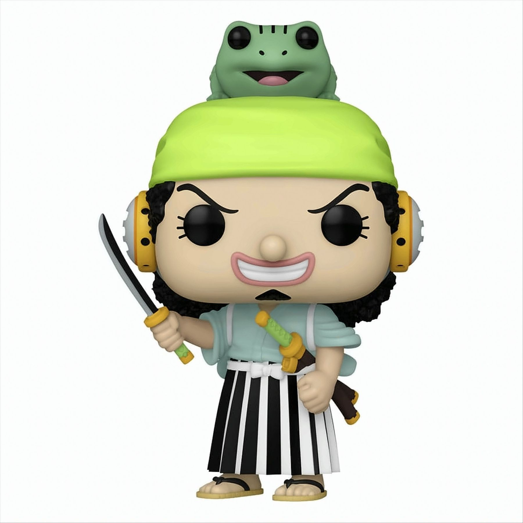 Figura Usopp Funko Pop con una spada, con una rana sulla testa, abito verde e bianco.