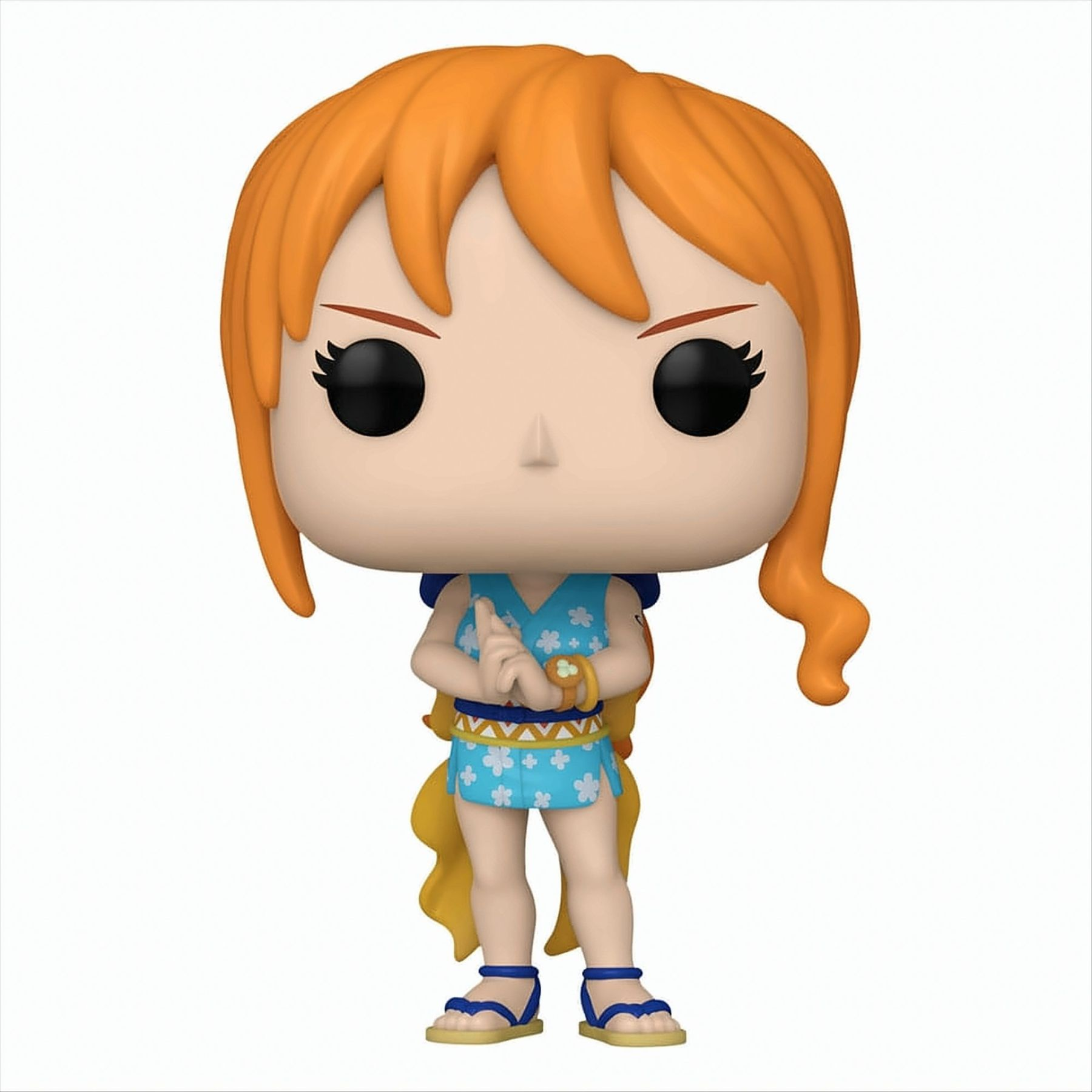 Figura Funko Pop di Nami di One Piece. Indossa un abito blu e ha i capelli arancioni.
