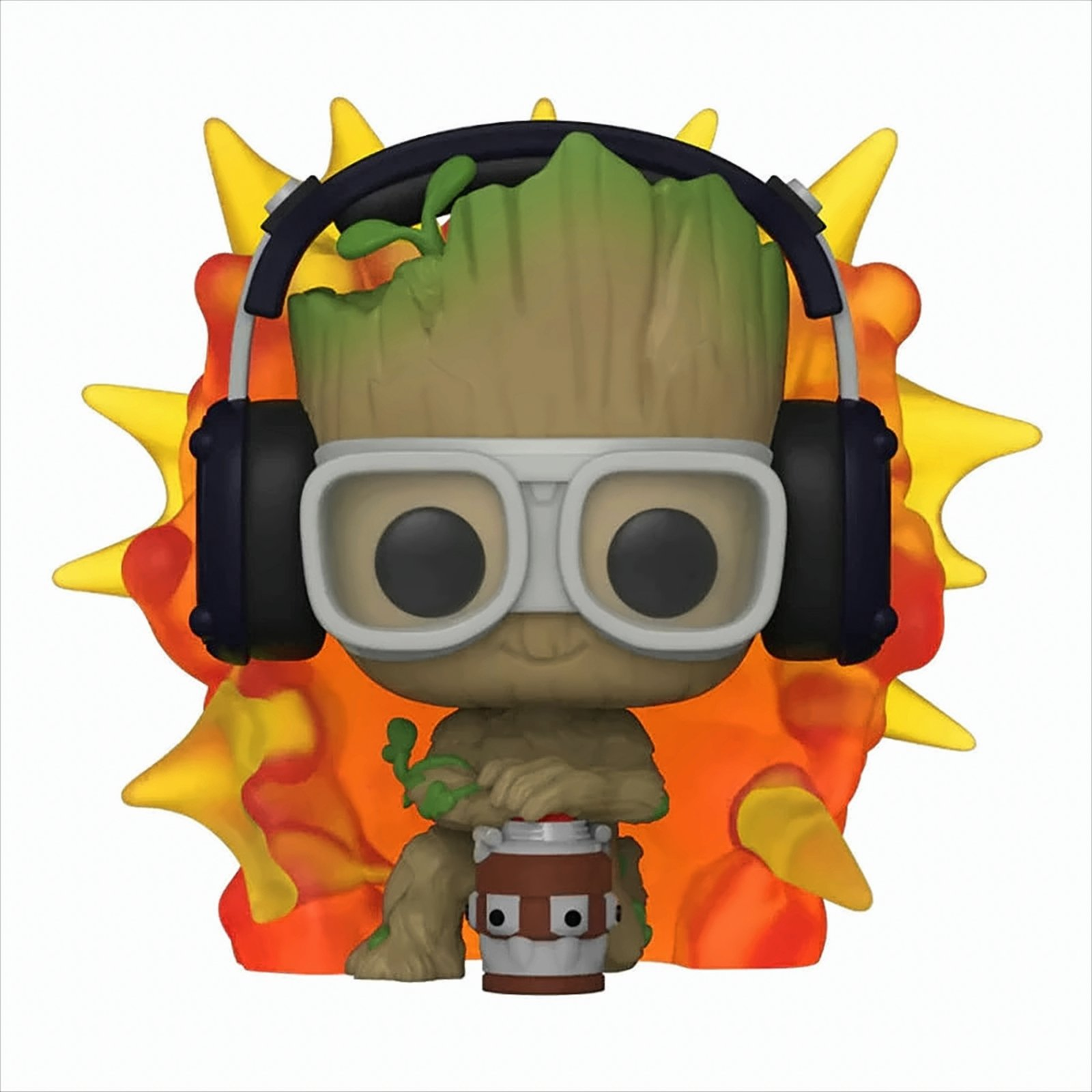 Figura di Groot con cuffie, occhiali e tamburo, circondata da un'esplosione giallo-arancio.