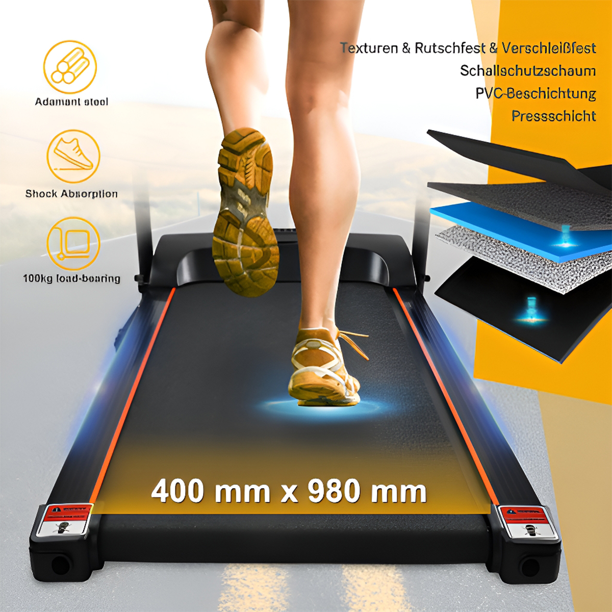 BRIGHTAKE Indoor-Laufband Laufband, klappbare LED-Anzeige Geschwindigkeitsstufe APP Bluetooth-Konnektivität Schwarz