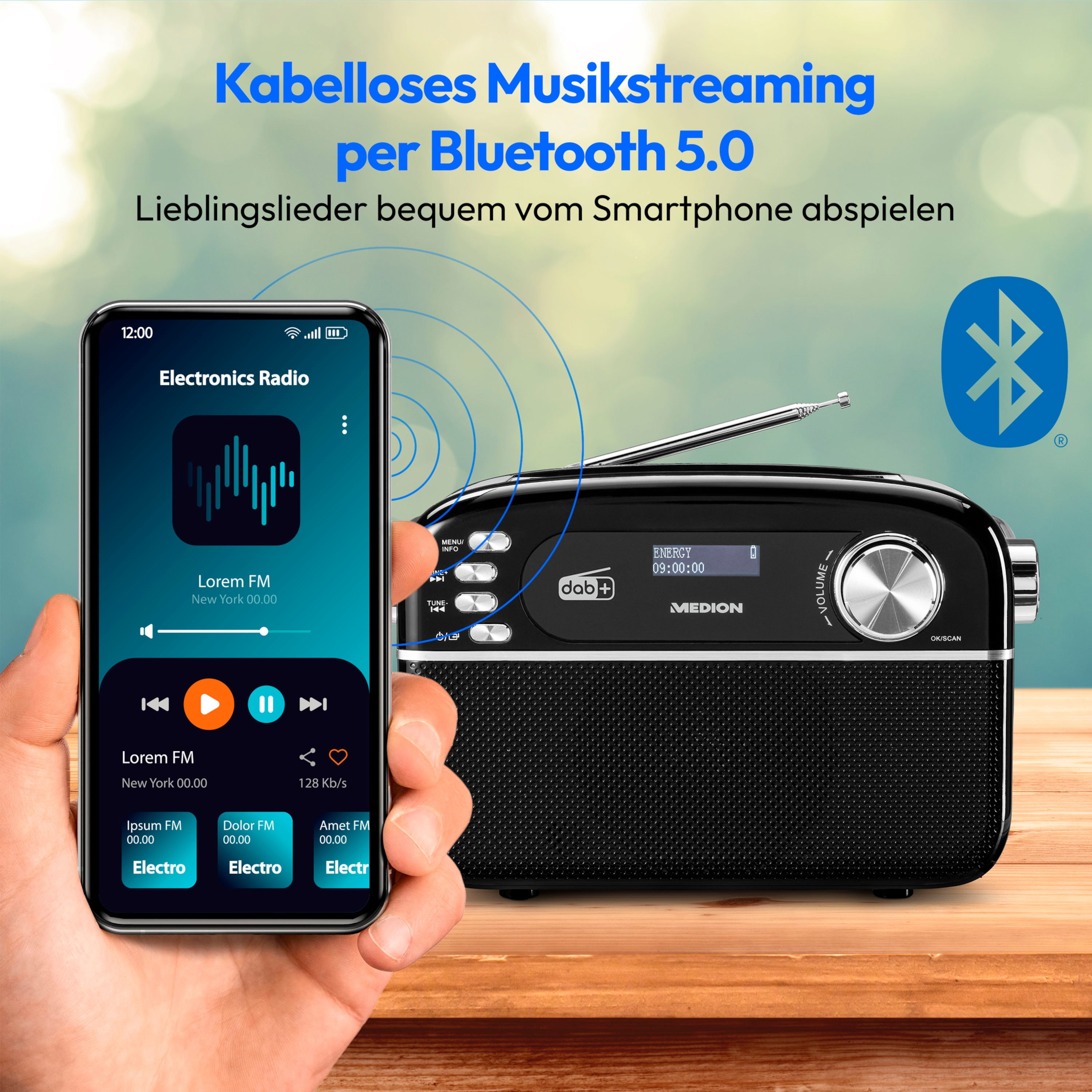 Bluetooth schwarz AUX DAB+/PLL-UKW USB Retro-Radio, Solarpanel KW, MEDION Retro-Radio schwarz MEDION E66809 LIFE