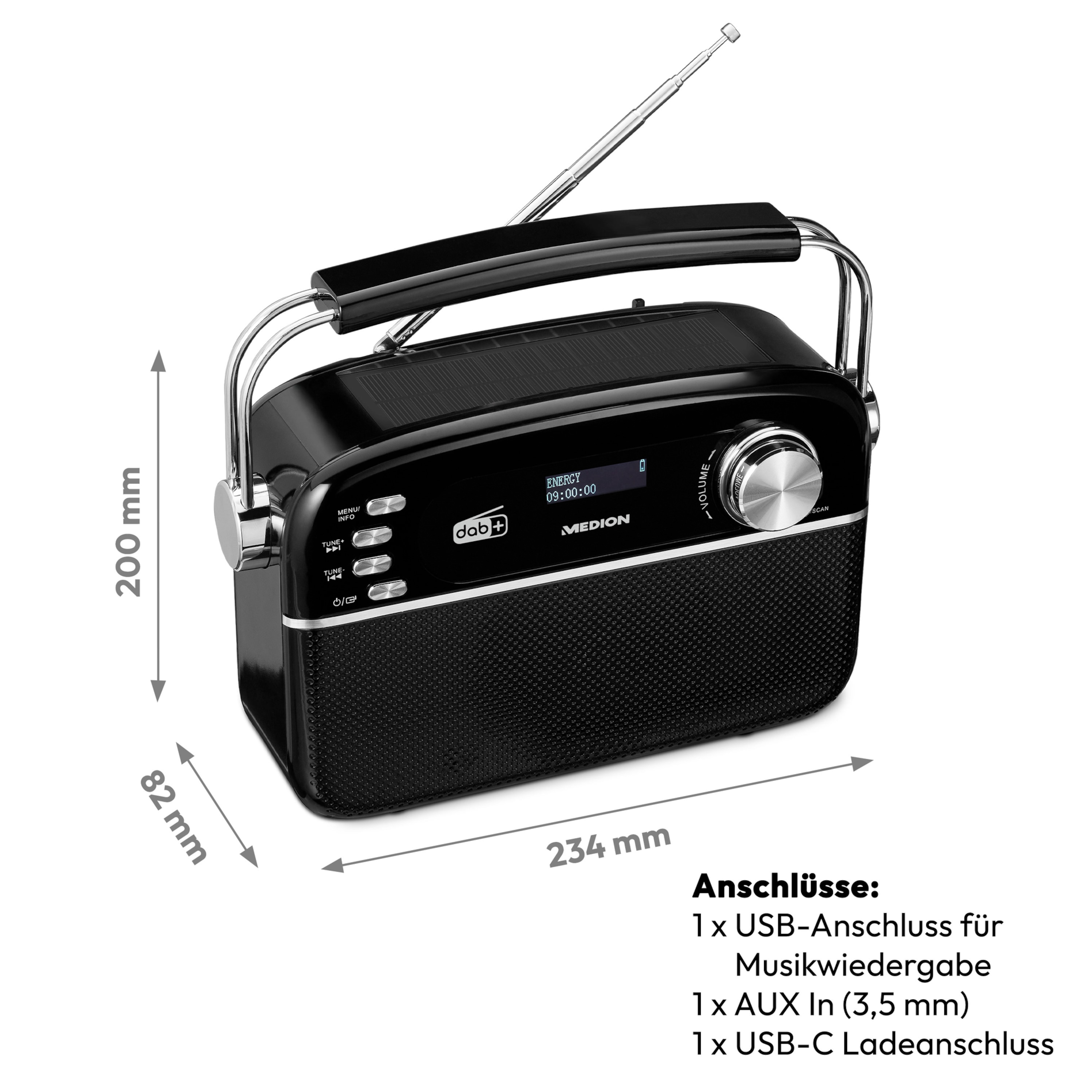MEDION Retro-Radio, Retro-Radio Bluetooth schwarz AUX USB Solarpanel E66809 LIFE MEDION KW, schwarz DAB+/PLL-UKW