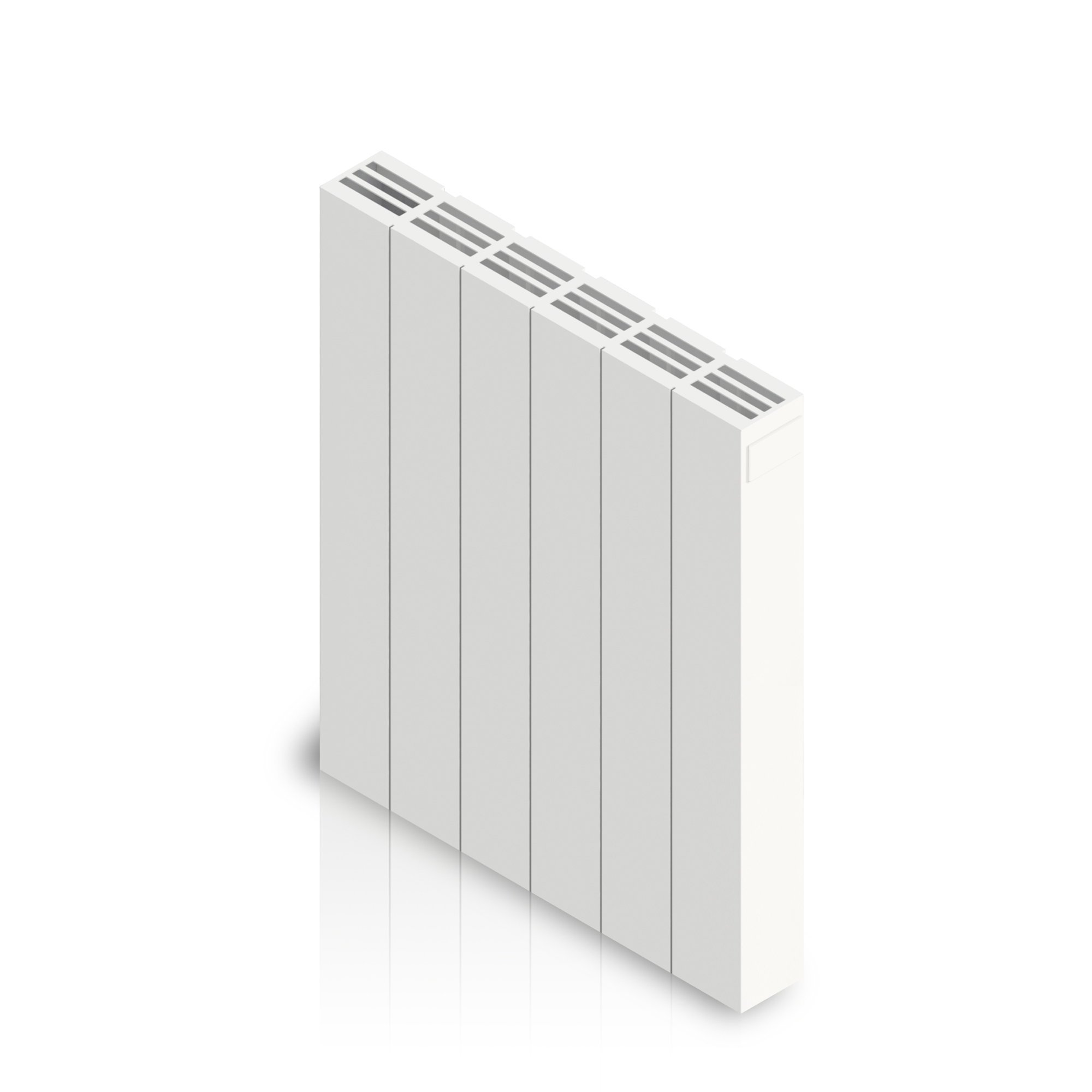 Radiador blanco vertical con múltiples barras paralelas. Sombra debajo.