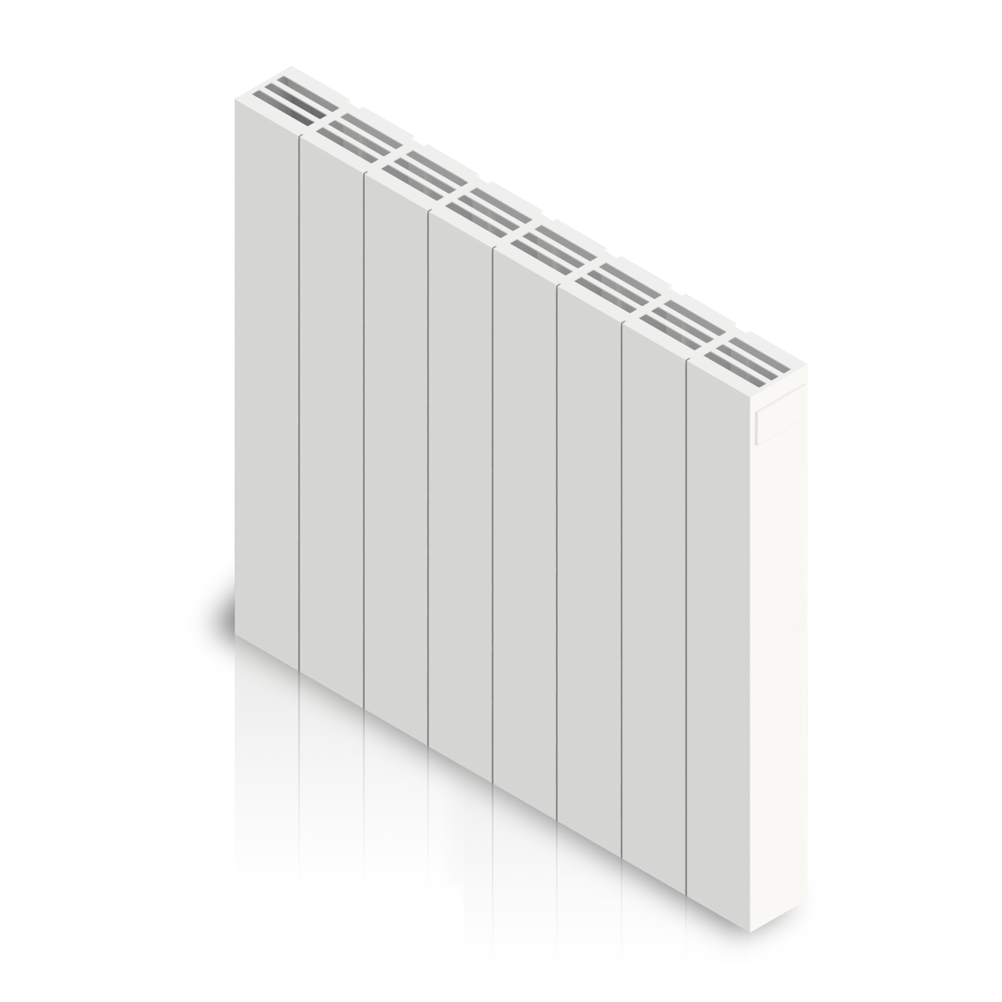 Un radiador blanco con líneas verticales y aberturas horizontales, sobre una superficie blanca.