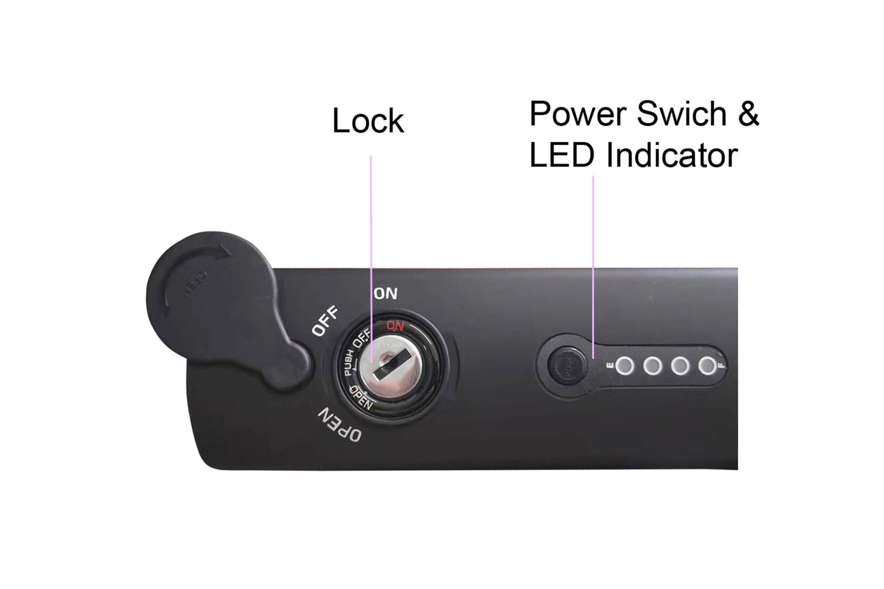 Ein schwarzes Batteriefach mit Schloss, Netzschalter und LED-Anzeige.