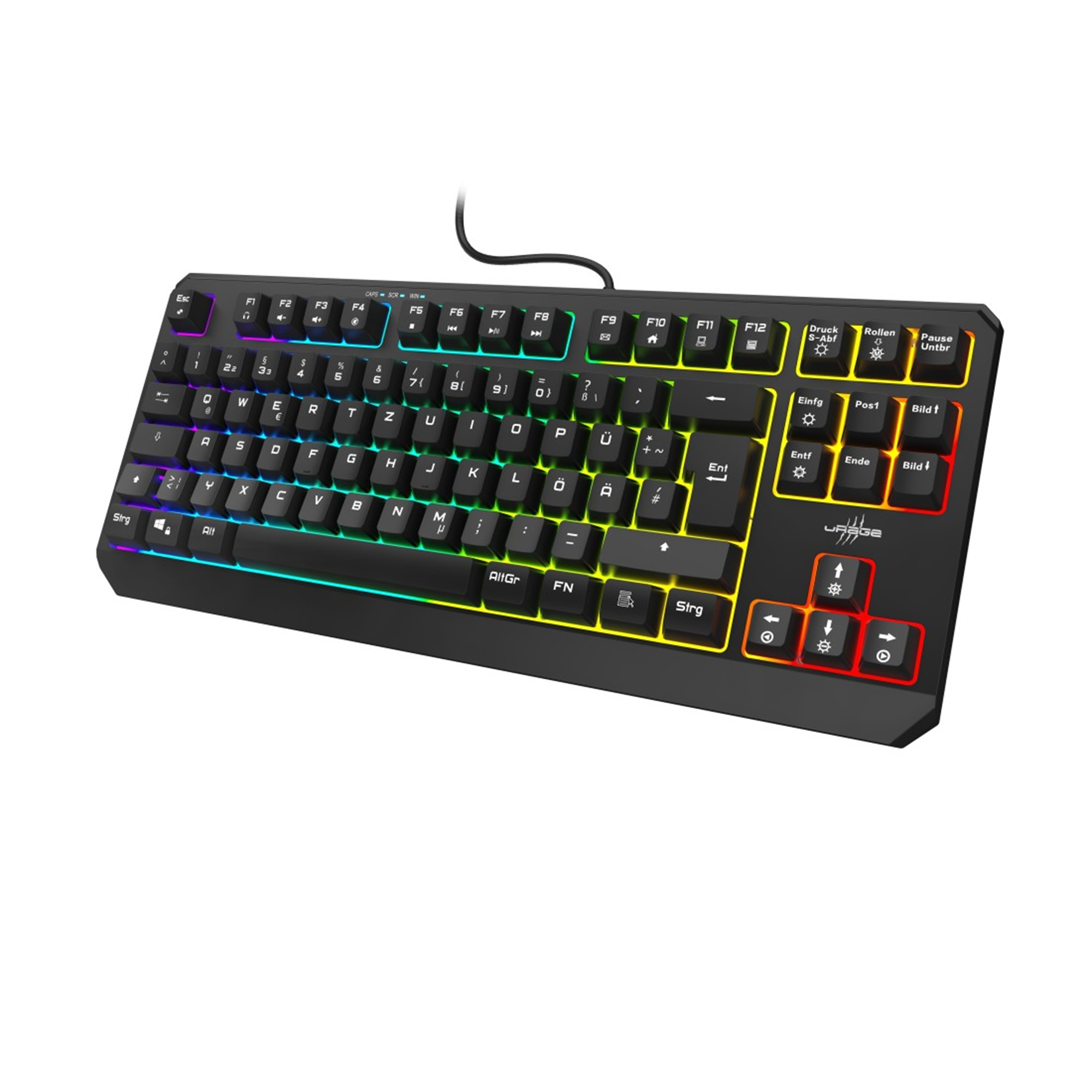 Schwarze Tastatur mit Regenbogen-Tasten, Funktionstasten und anderen Steuertasten. Die Marke ist 'UMAGE'.