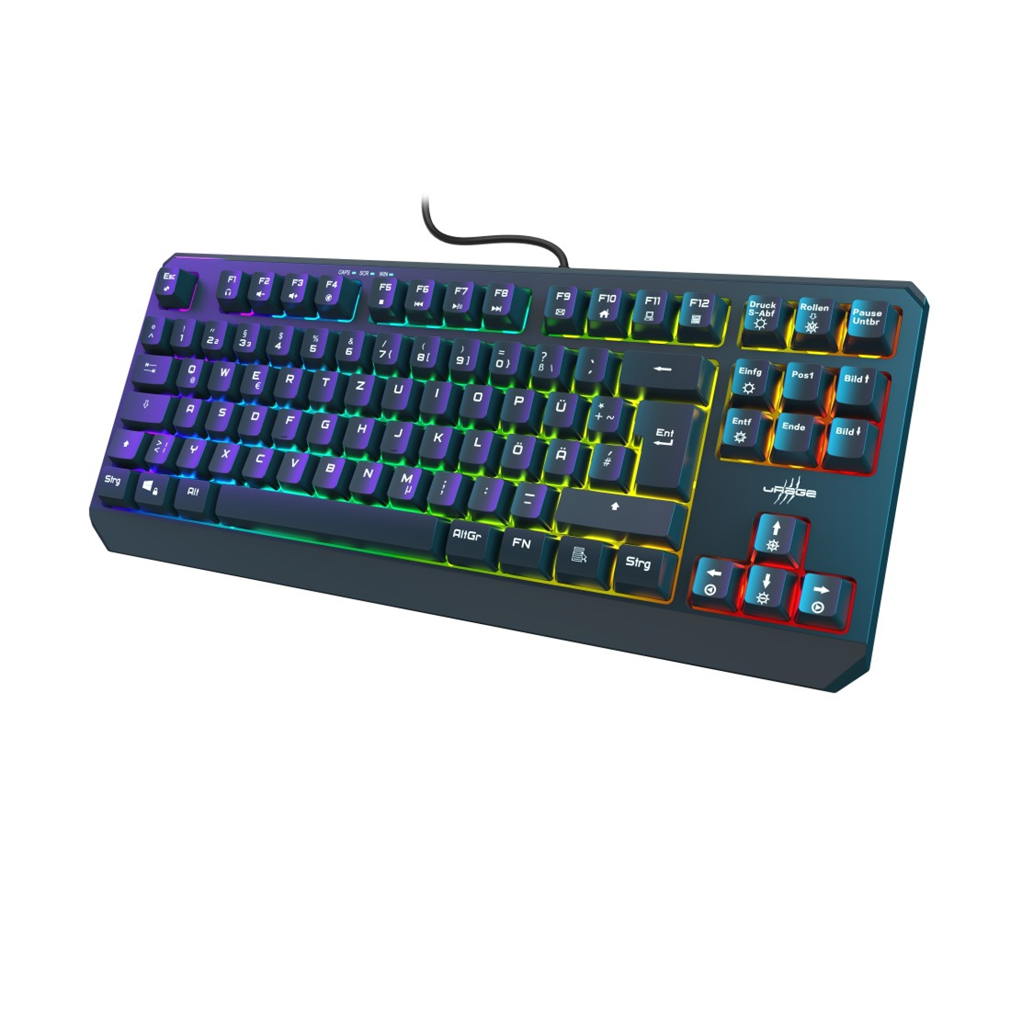 Eine farbenfrohe Gaming-Tastatur mit beleuchteten Tasten. Sie hat einen schwarzen Rahmen und verschiedene Funktionstasten.