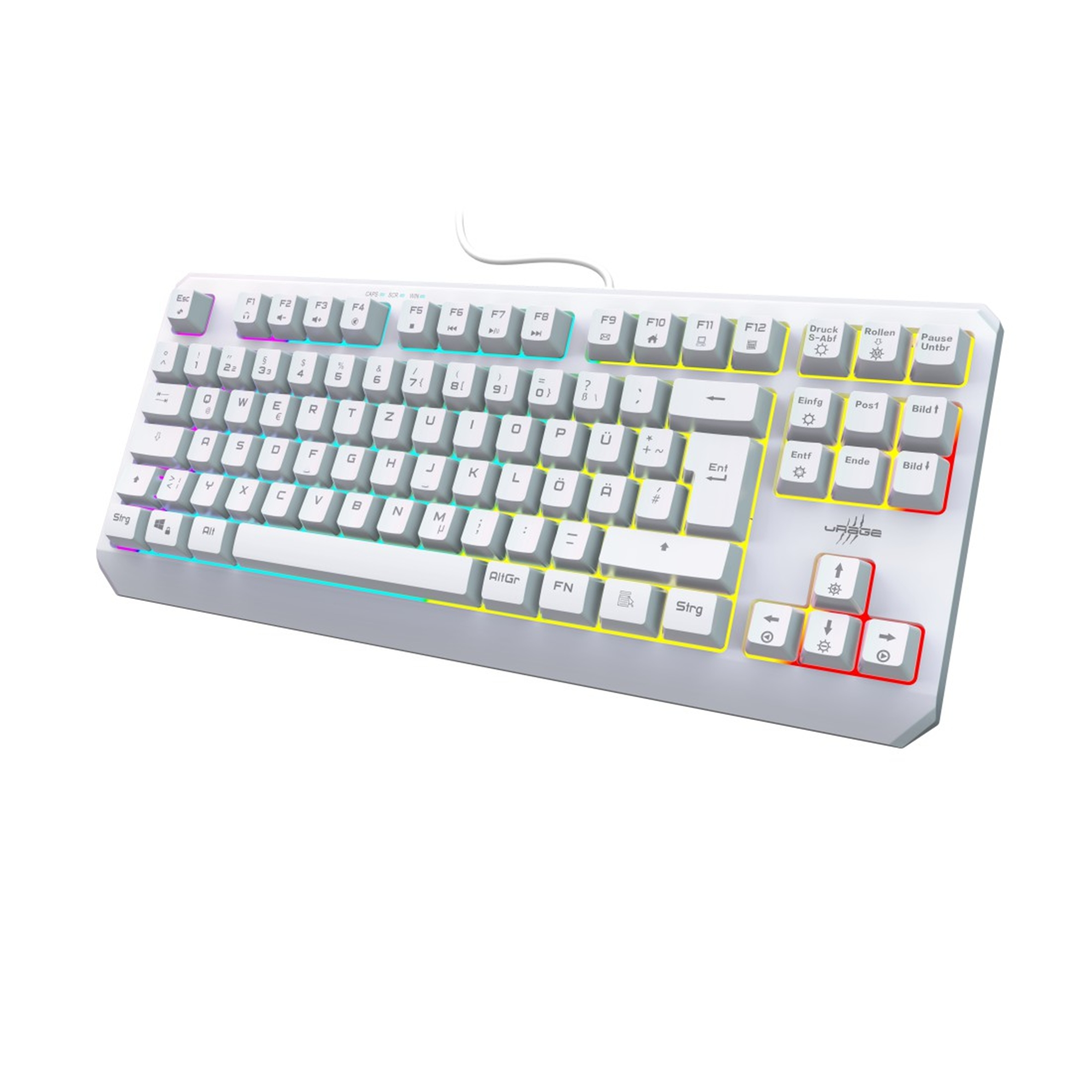 Weiße Tastatur mit mehrfarbiger Beleuchtung. Sie hat viele Tasten mit Symbolen.