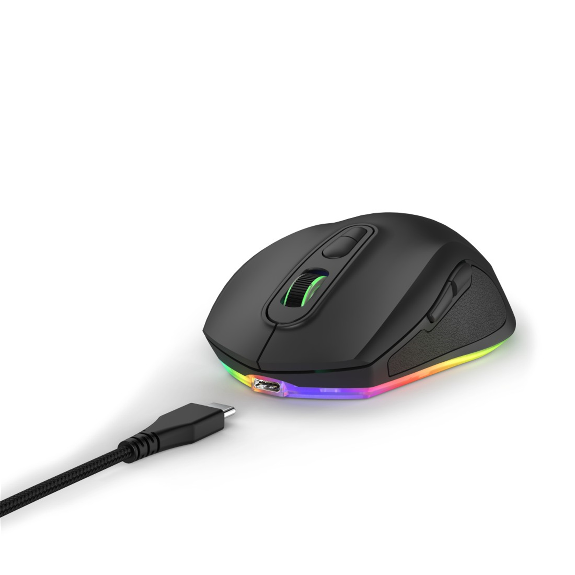 Mouse nero con striscia luminosa colorata. Cavo USB-C collegato, su sfondo bianco.