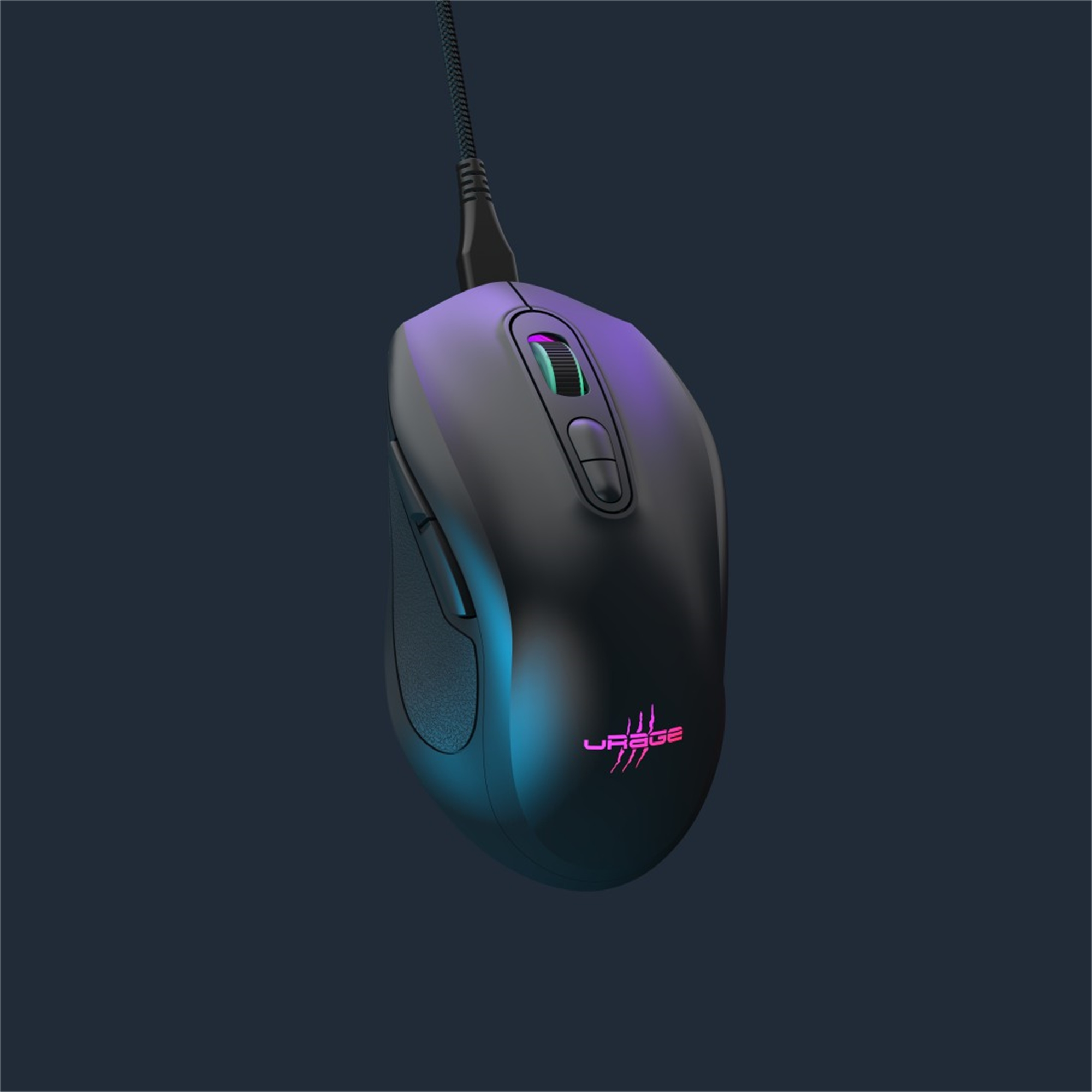 Un mouse da gioco nero con luci viola e blu e un cavo collegato.
