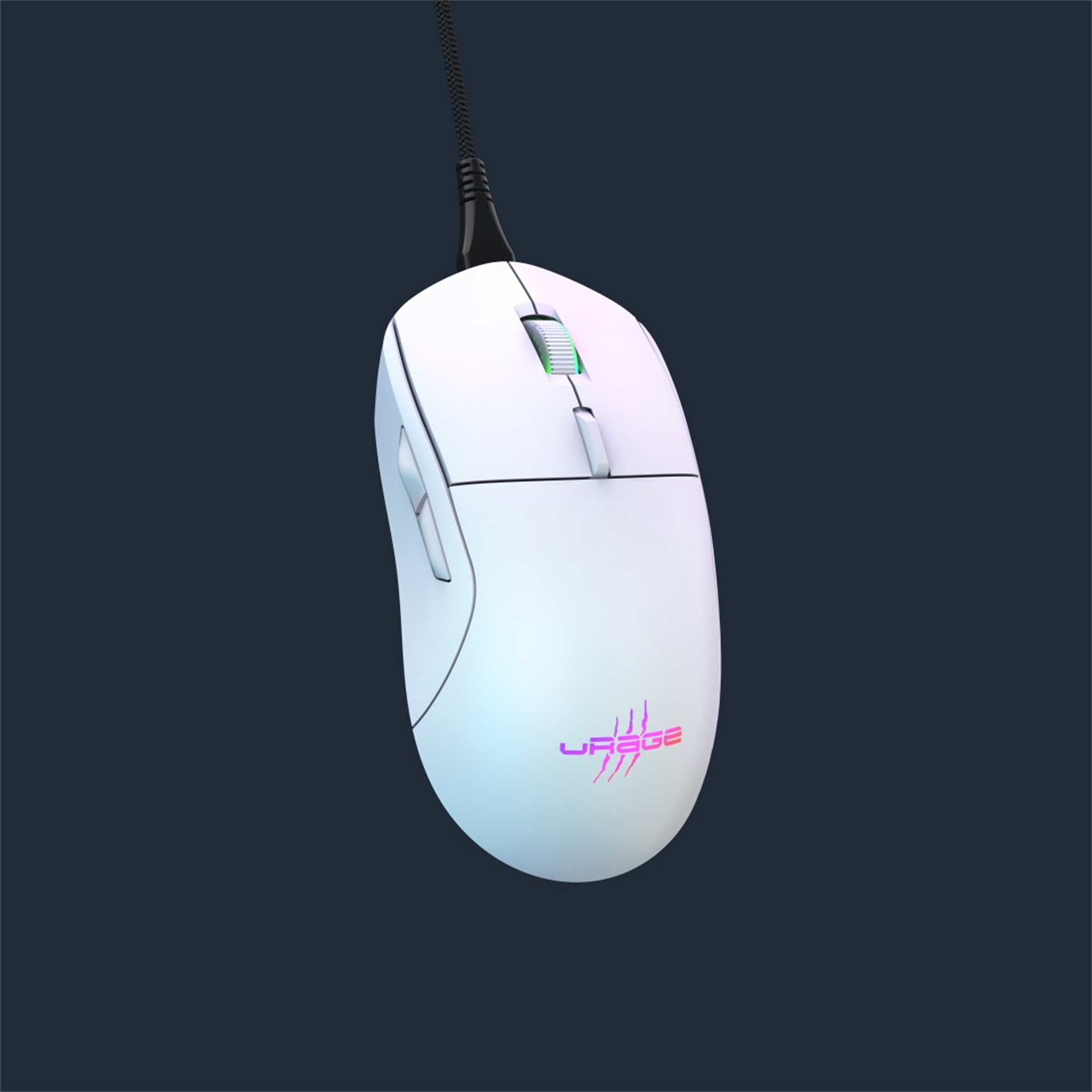 Weiße Gaming-Maus mit lila Logo auf der Unterseite. Schwarzes Kabel.
