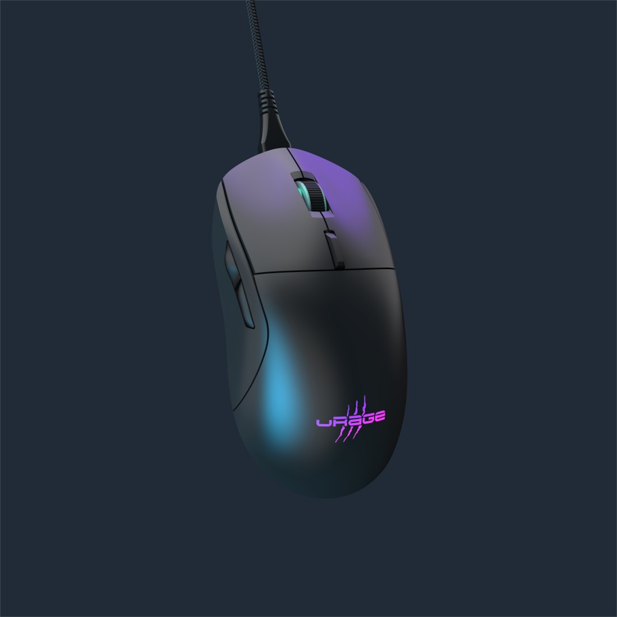 Eine schwarze Gaming-Maus mit einem lila beleuchteten Scrollrad und Logo.